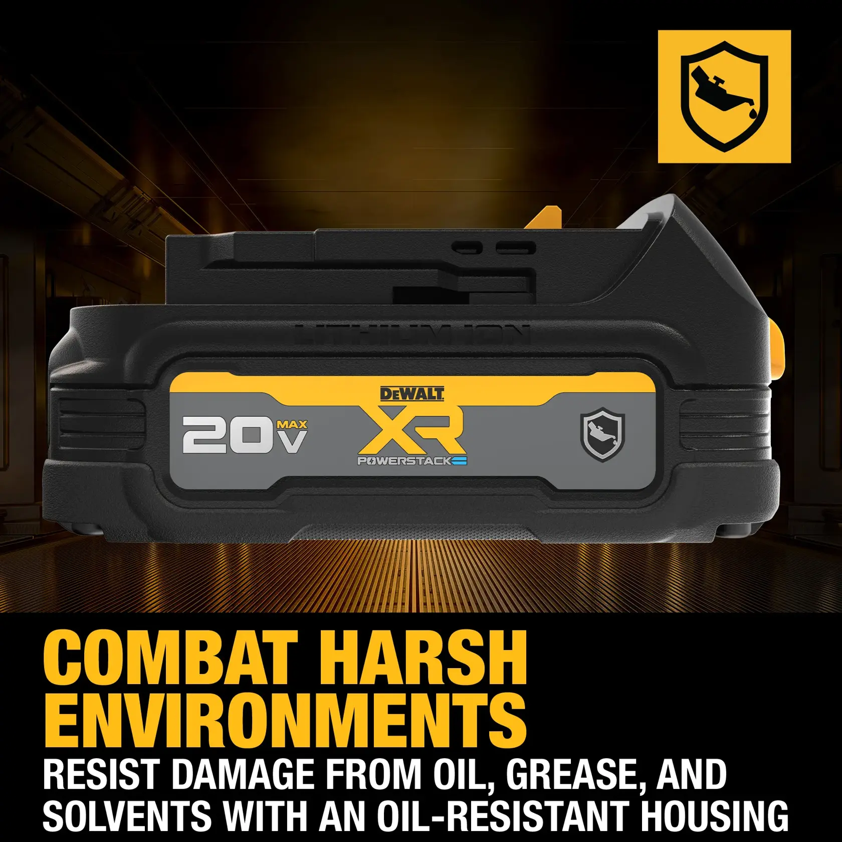 XR POWERSTACK™ Oil-Resistant Compact Battery oil-resistant feature carousel graphic