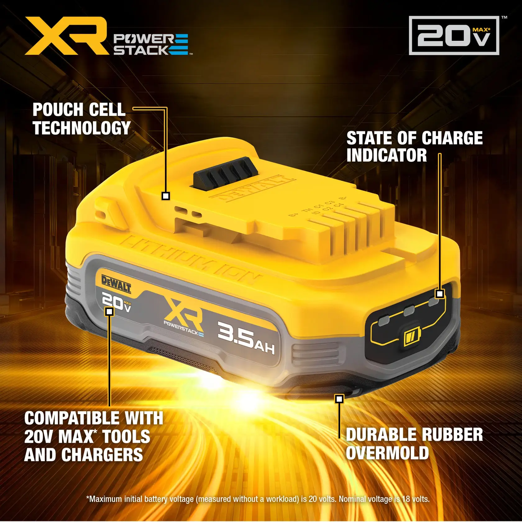 DCBP520 XR POWERSTACK™ 3.5 Ah Battery product walk around carousel graphic 