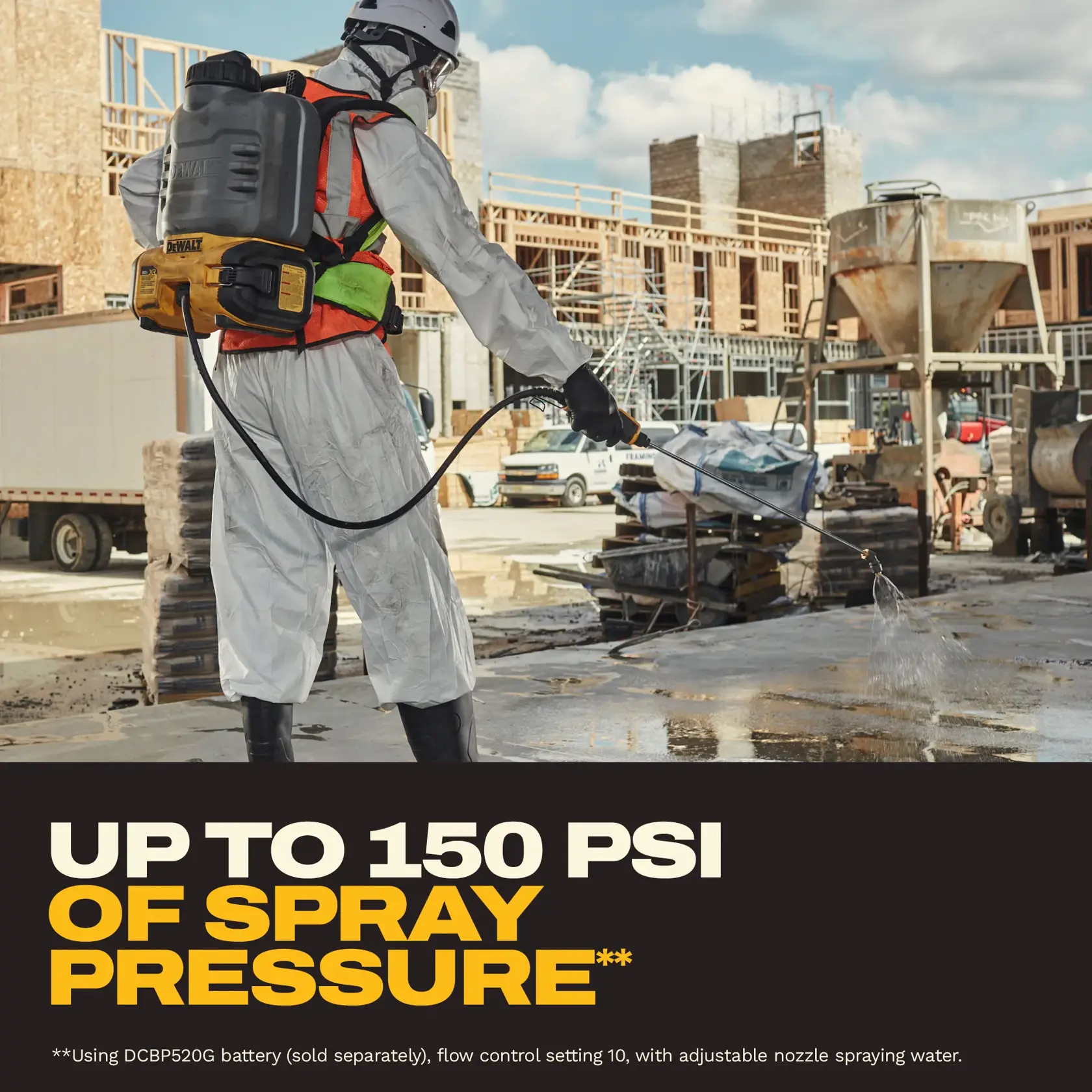 A person wearing protective gear and a helmet uses a DEWALT battery-powered backpack sprayer on a construction site, spraying water onto the ground. The sprayer is highlighted for delivering up to 150 PSI of spray pressure.
