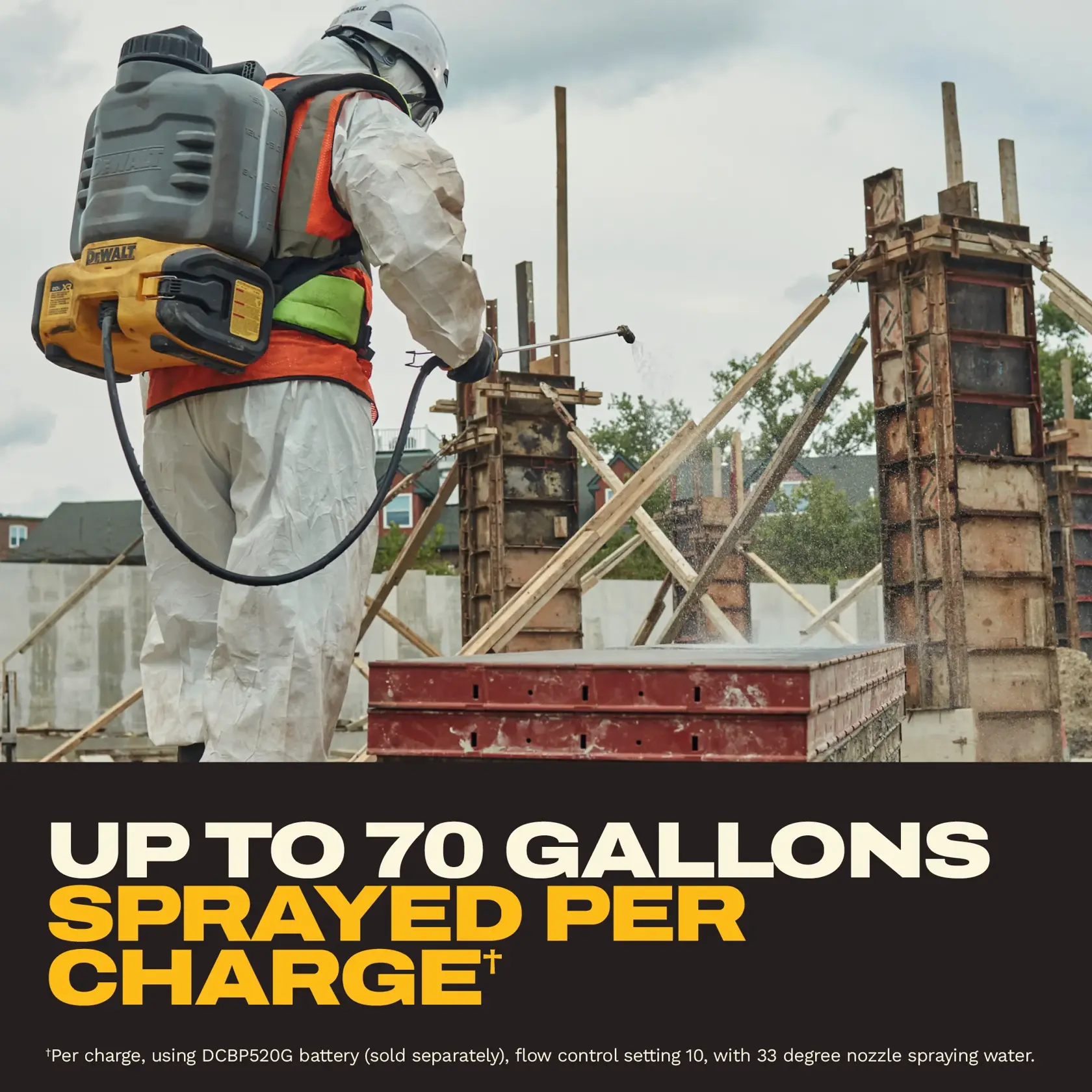 A worker wearing protective gear and a DEWALT backpack sprayer sprays liquid onto construction materials at a building site. The sprayer is capable of spraying up to 70 gallons per charge, as highlighted in the text.