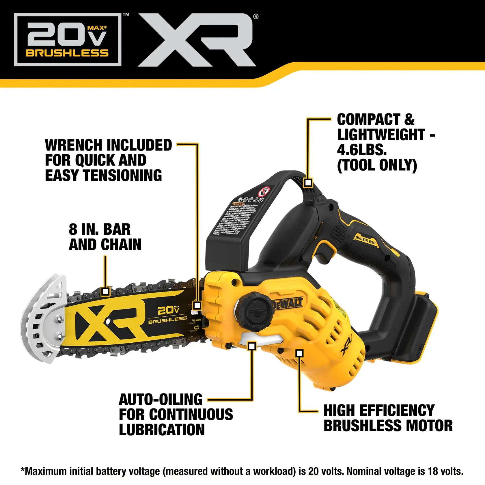 Side view of chainsaw with features. 20V MAX Brushless and XR(R) logos.