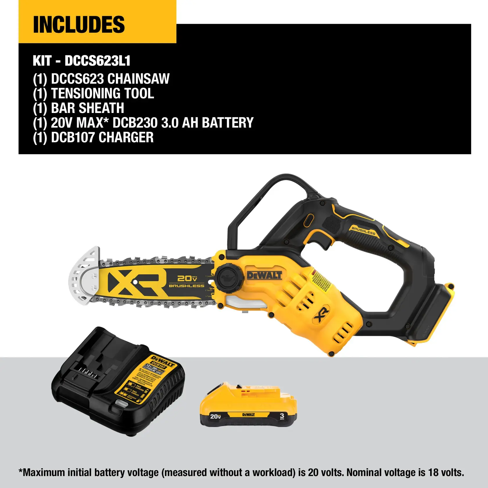 Side view of chainsaw. Includes chainsaw, tensioning tool, bar sheath, battery and charger.