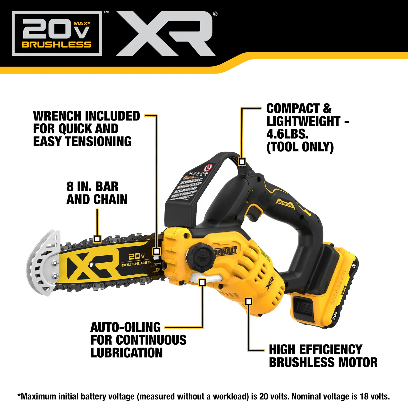 Side view of chainsaw with features. 20V MAX Brushless and XR(R) logos.