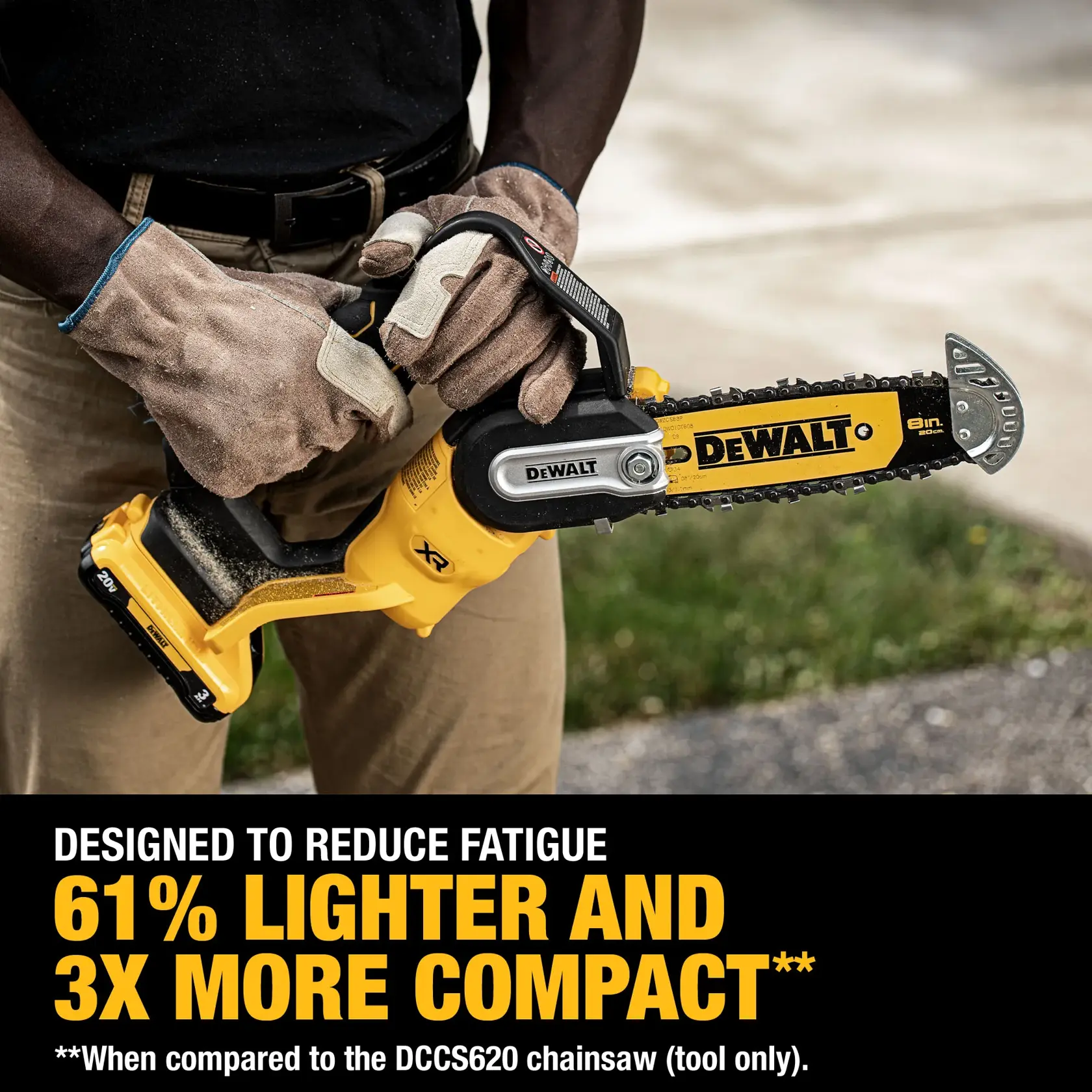 Man holding DEWALT chainsaw. 61 percent lighter and 3x more compact.