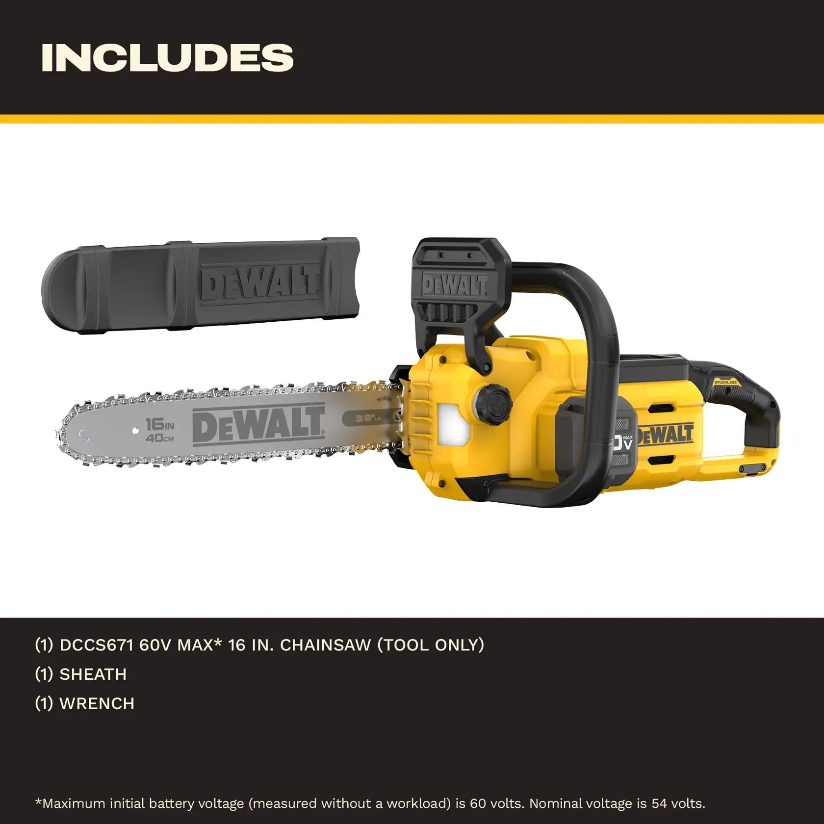 DEWALT 16-inch 60V chainsaw with sheath and wrench included, no battery or charger.