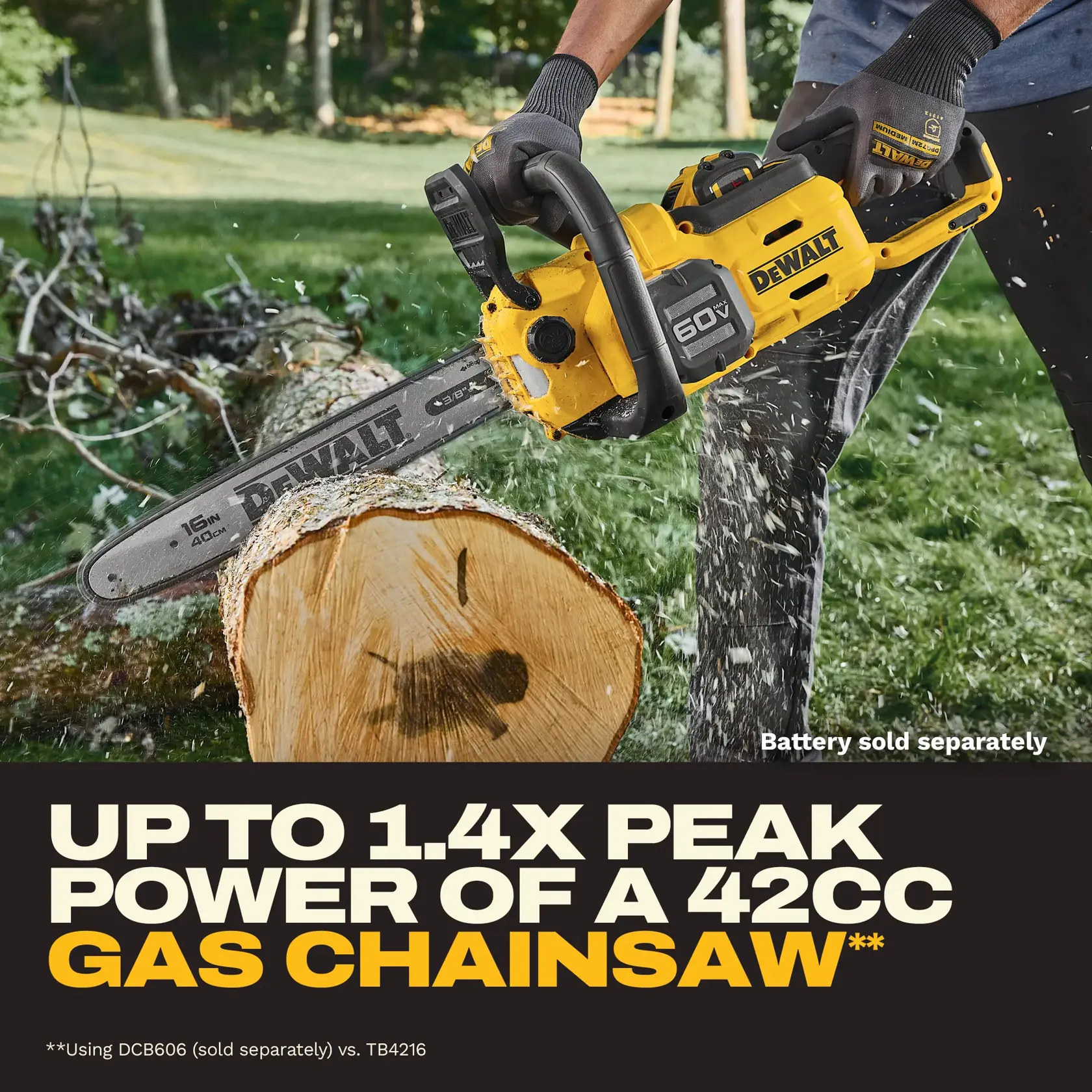Person using a DEWALT 60V chainsaw to cut a log outdoors. Text says up to 1.4x power of 42cc gas chainsaw.