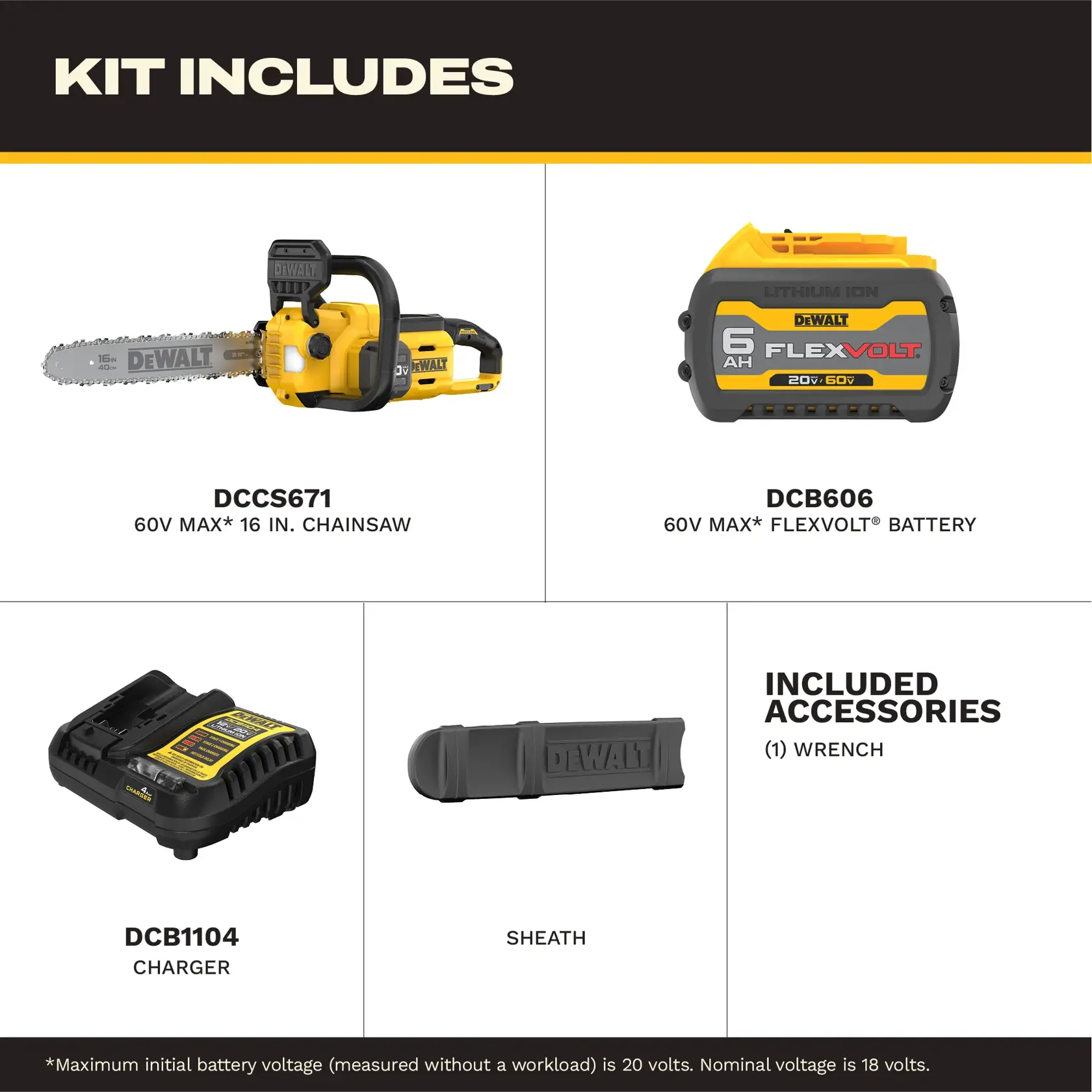 DEWALT kit includes chainsaw, battery, charger, sheath, and wrench.