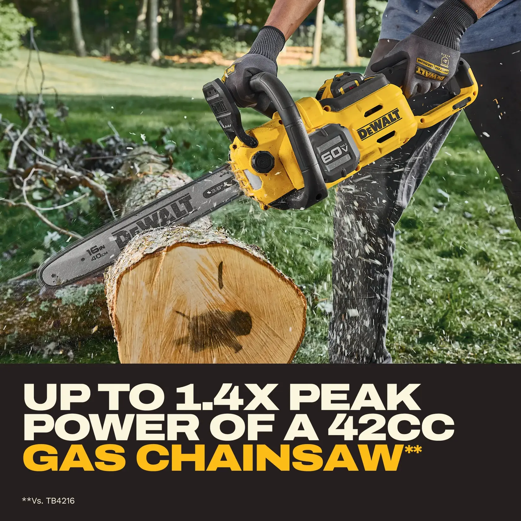 Person cutting a log with a yellow DEWALT 60V Max chainsaw outdoors. Power claim text shown.