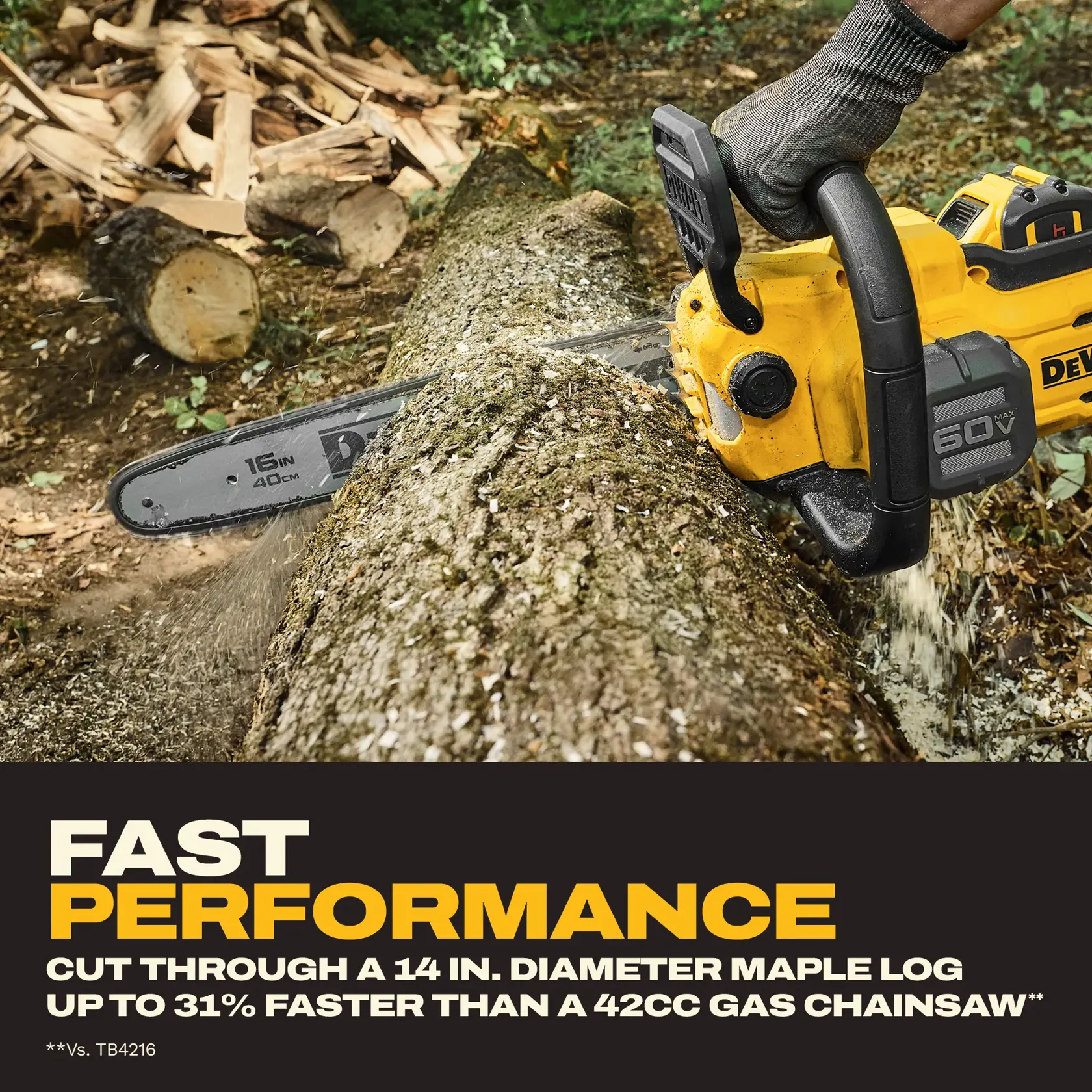 DEWALT 60V chainsaw cutting a large log outdoors, highlighting fast cutting performance.