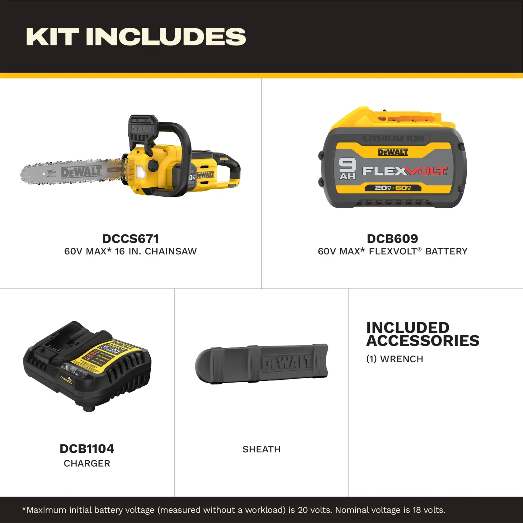 DEWALT kit with 16in chainsaw, 60V FLEXVOLT battery, charger, sheath, and wrench accessory.