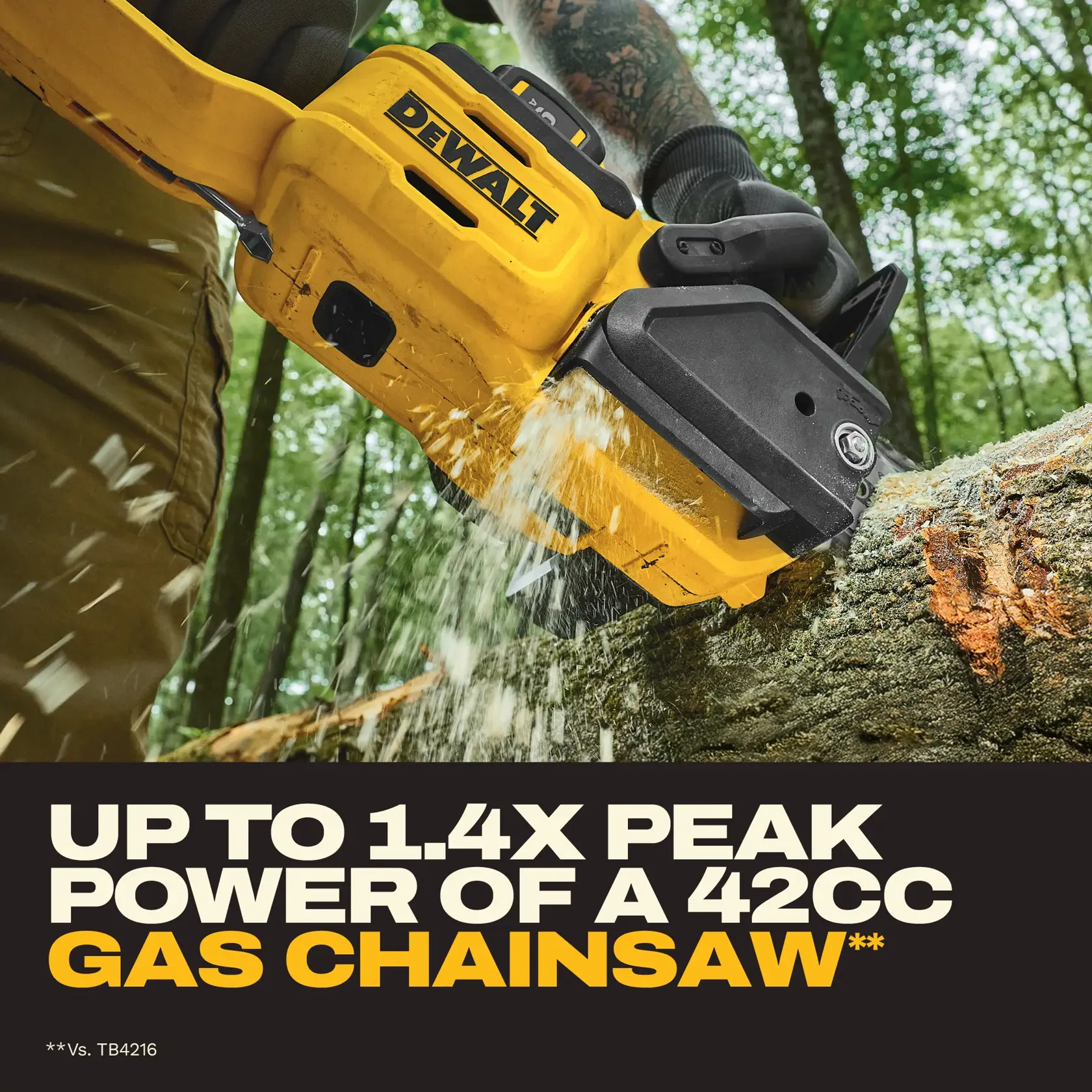 DEWALT chainsaw cutting wood, claims up to 1.4x peak power of a 42cc gas chainsaw.