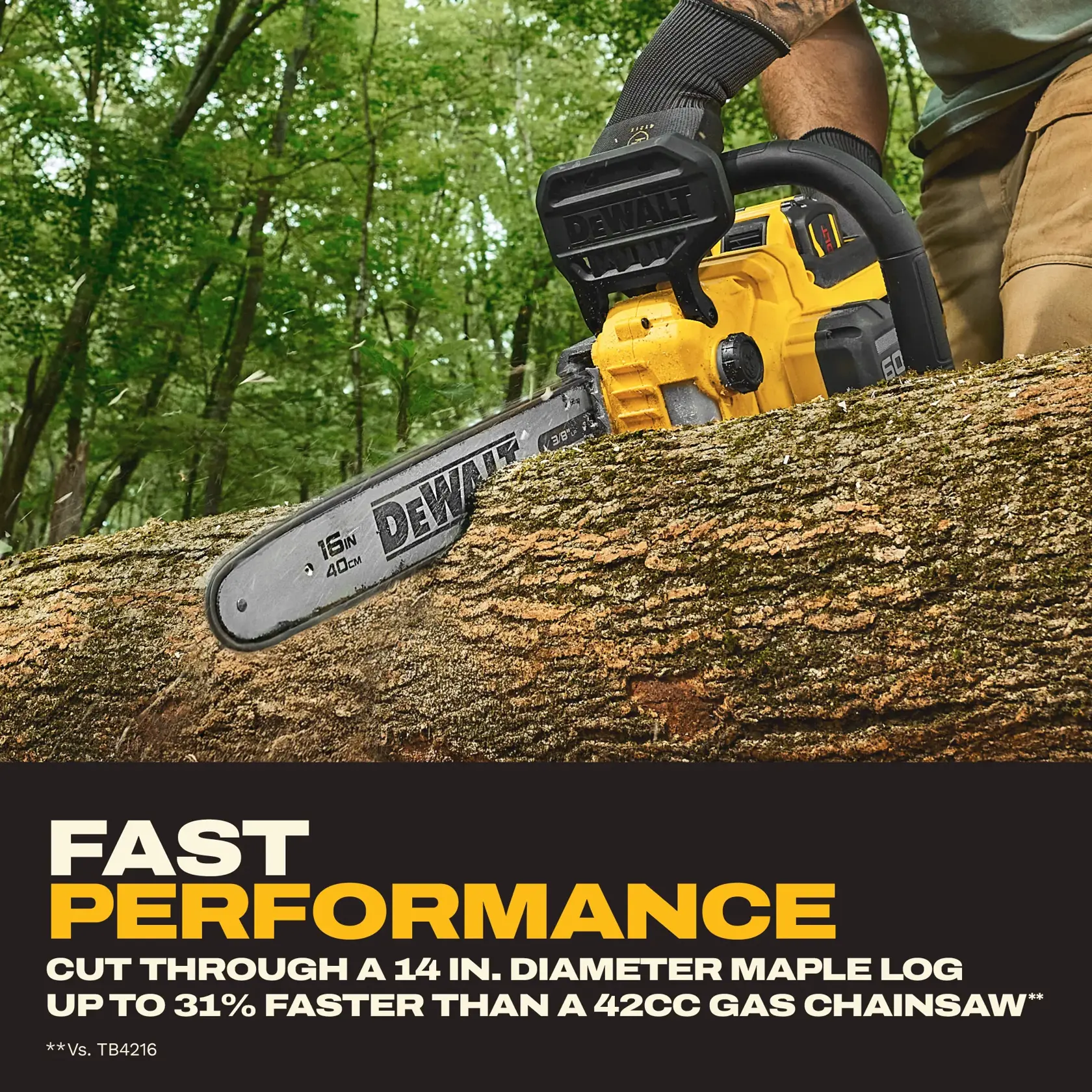 Person using a DEWALT chainsaw to cut a large log; text highlights fast cutting performance.