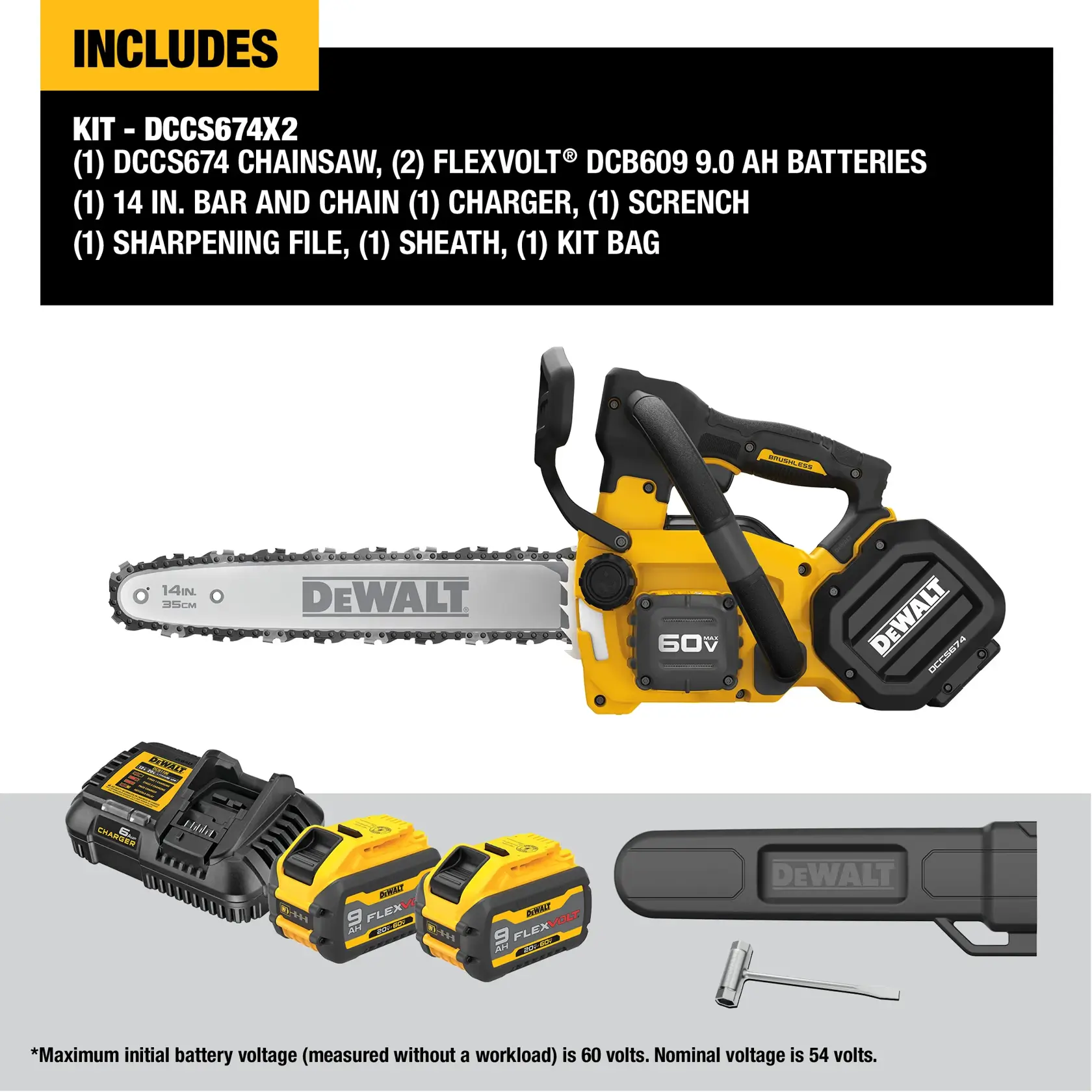 Items included in top handle chainsaw kit DCCS674X2