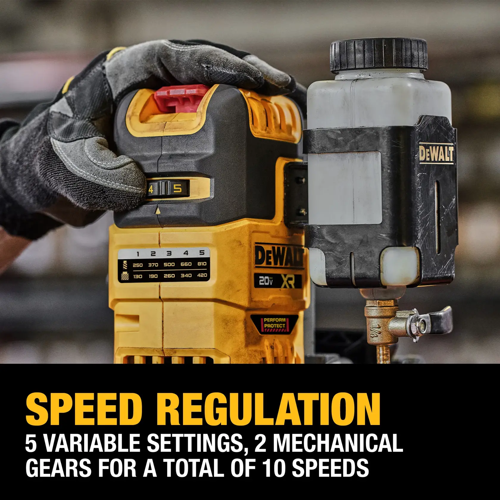 SPEED REGULATION - Match speed to the application with 5 variable settings for each of the 2 mechanical gears for a total of 10 speeds. 