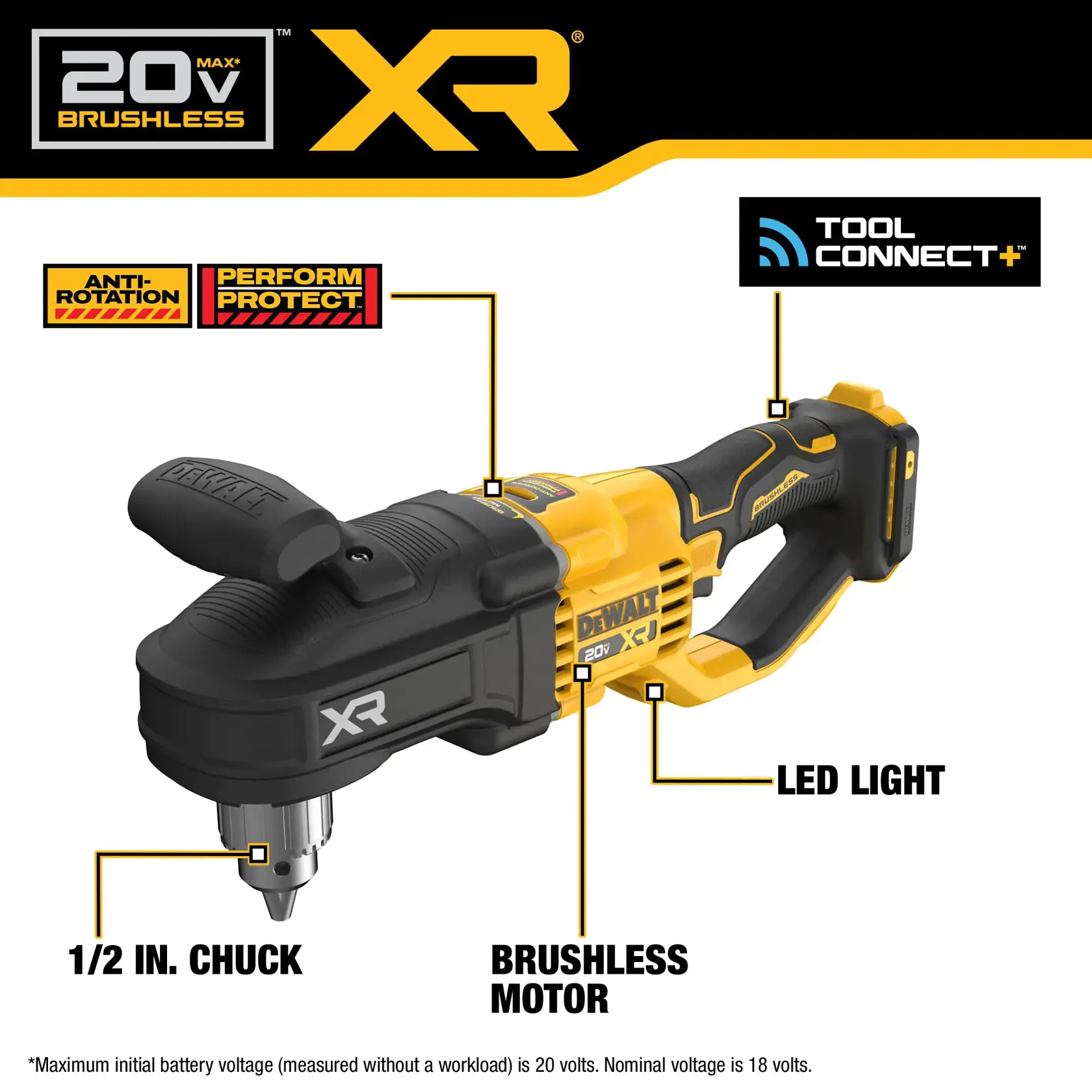 Walkaround image of DEWALT 20V MAX* XR® Brushless 1/2 in. Compact Stud & Joist Drill