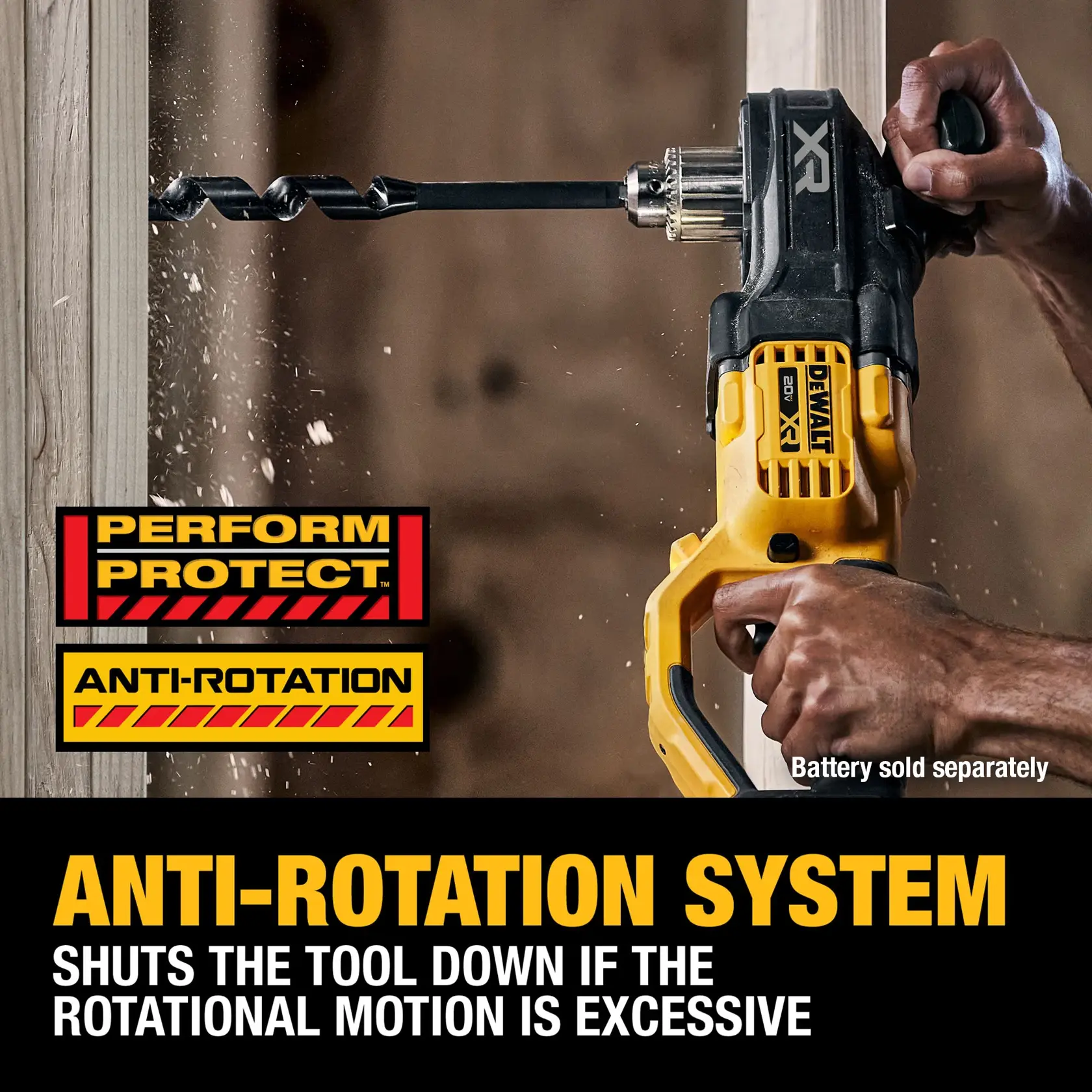 DEWALT 20V MAX* XR® 1/2 in. Compact Stud & Joist Drill is equipped with the ANTI-ROTATION System that senses the rotational motion of the tool and shuts it down if the motion is excessive.