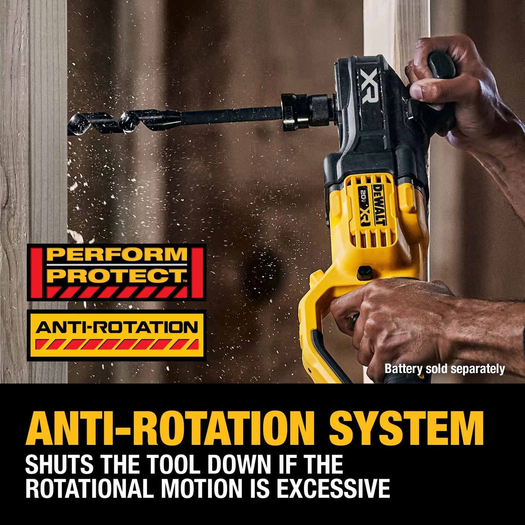 DEWALT 20V MAX* XR® 7/16 in. Quick Change Compact Stud & Joist Drill is equipped with the ANTI-ROTATION System that senses the rotational motion of the tool and shuts it down if the motion is excessive.