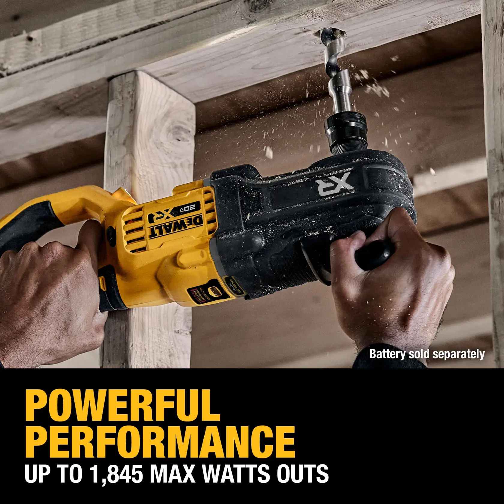 DEWALT 20V MAX* XR® 7/16 in. Quick Change Compact Stud & Joist Drill has a powerful performance of up to 1,845 Max Watts Out
