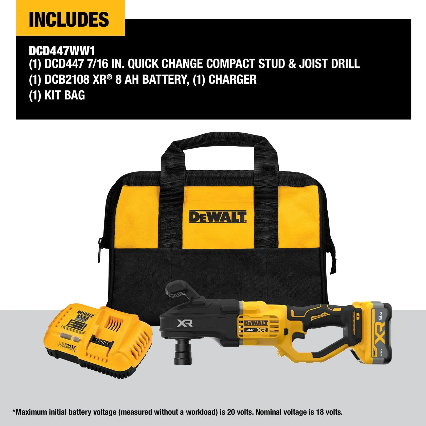 DEWALT 20V MAX* XR® 7/16 in. Quick Change Compact Stud & Joist Drill Kit with XR POWERPACK™ 