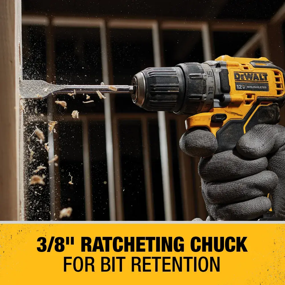 Brushless cordless drill/driver with battery in action.