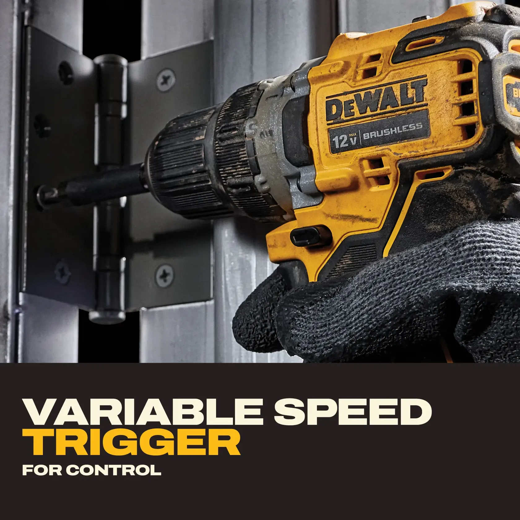 DEWALT drill in use on door hinge, promoting variable speed trigger for control.