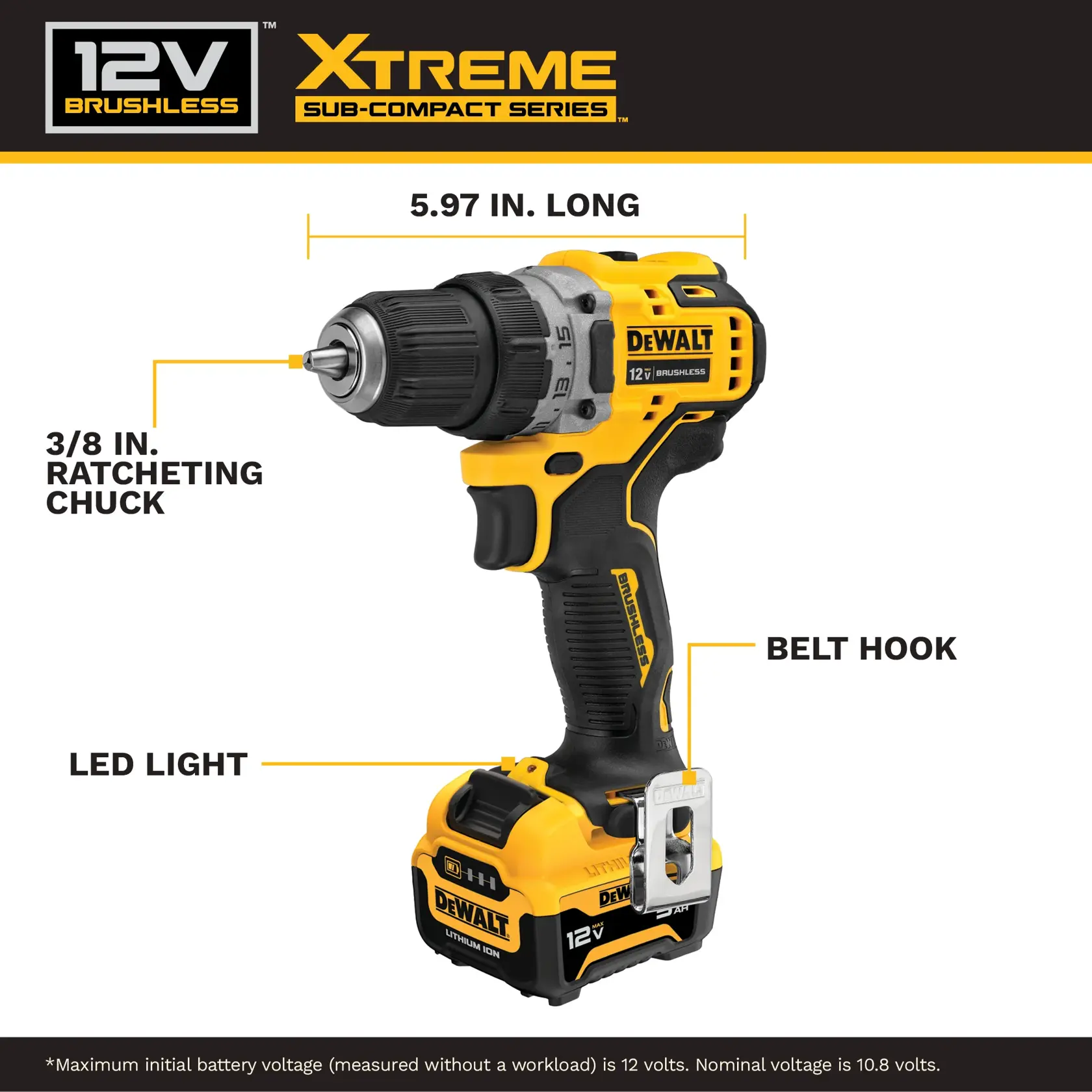 A labeled product image of the DEWALT 12V Brushless Xtreme Sub-Compact Series cordless drill. Key features indicated are: 5.97 inches long, 3/8 inch ratcheting chuck, LED light, and a belt hook. The drill is yellow and black with a DEWALT logo on its battery and body.