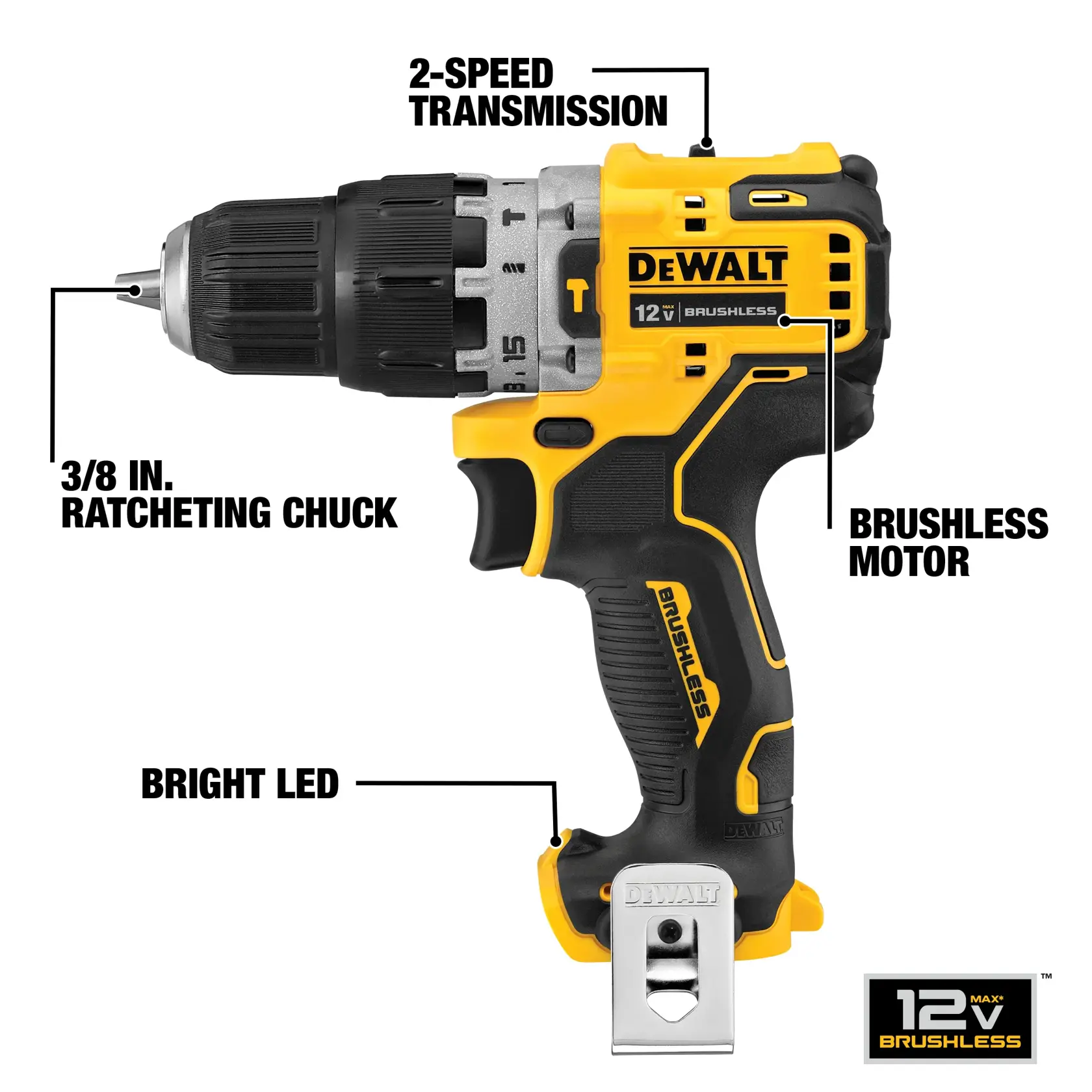 A person wearing work gloves uses a DEWALT cordless drill to drill into a concrete wall. The drill is attached to a yellow dust extraction device mounted on the wall, helping collect debris as the hole is made.