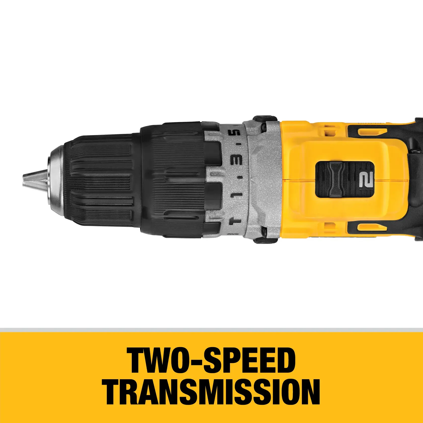 A person wearing gray gloves is using a yellow DEWALT cordless drill to drill into a concrete wall. The drill is being used alongside a yellow wall-mounted dust collector, which helps capture debris during the drilling process.