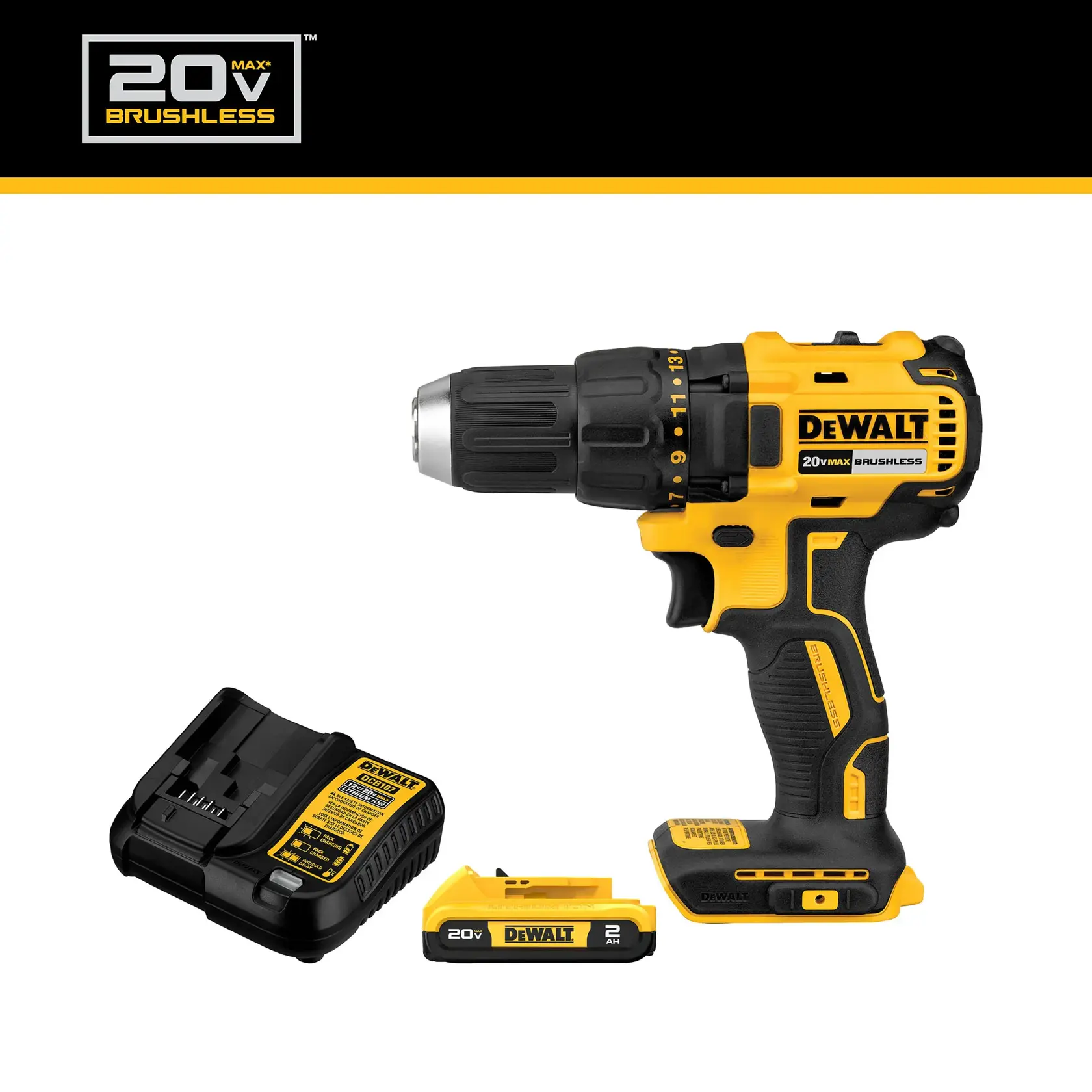 A DEWALT 20V MAX brushless cordless drill set, including a yellow and black drill, a rechargeable battery, and a battery charger, all placed on a white background.