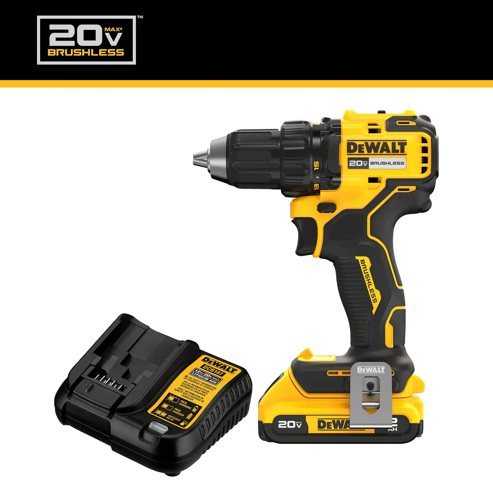 20V MAX Brushless 1/2 inch Drill/Driver Kit content