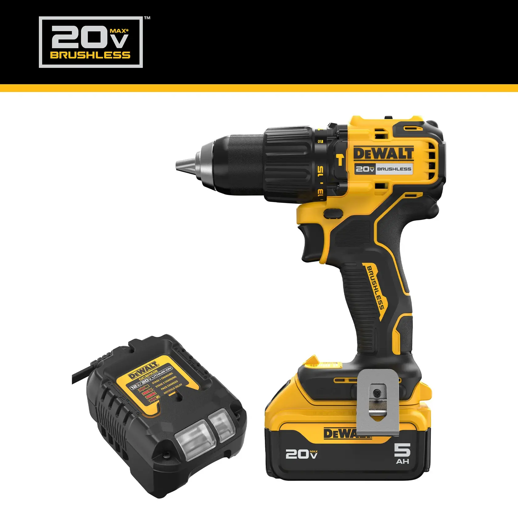 Kit includes graphic of the 20V MAX BRUSHLESS 1/2 IN. Hammer Drill Kit