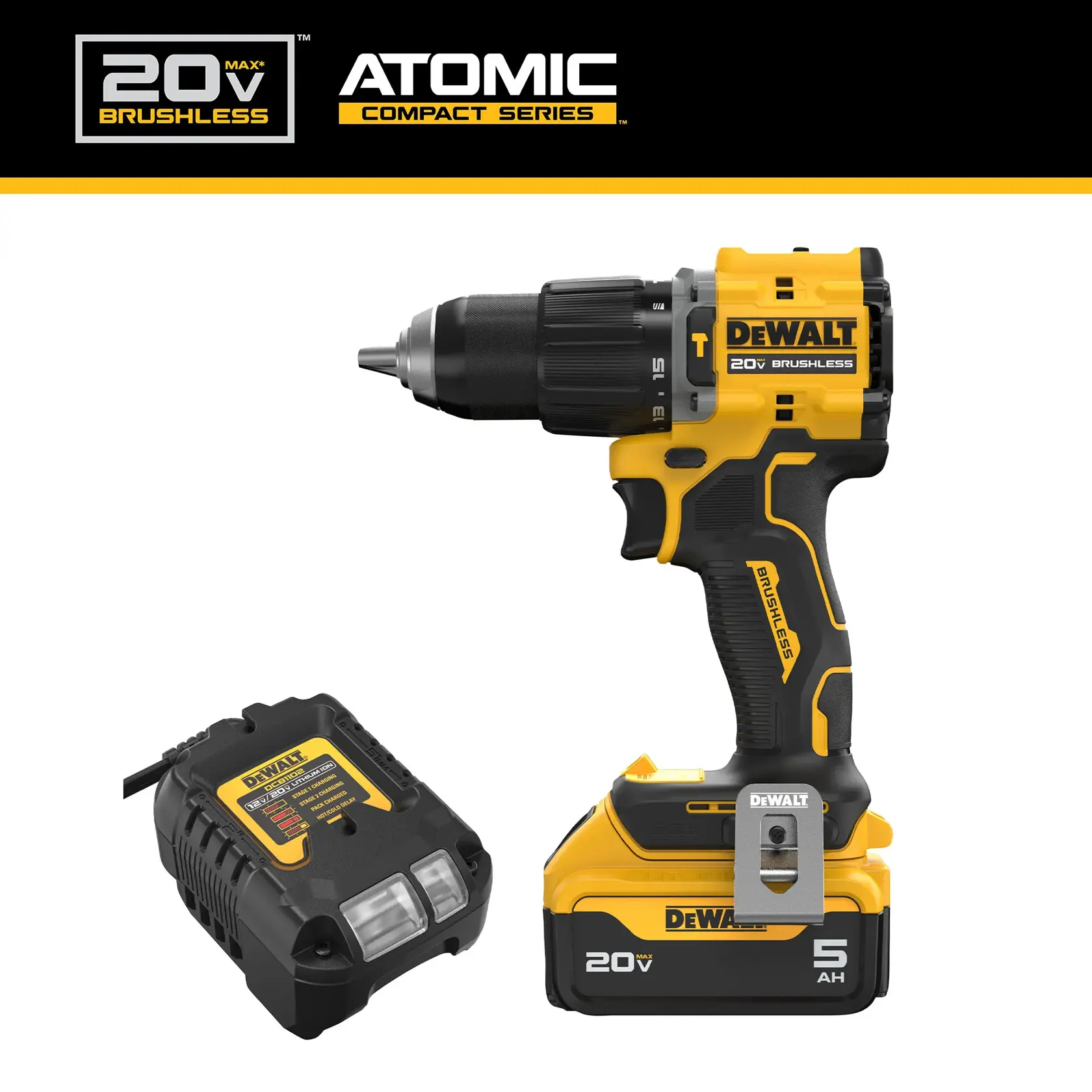 Graphic of the ATOMIC™ 20V MAX BRUSHLESS 1/2 IN. Hammer Drill Kit 