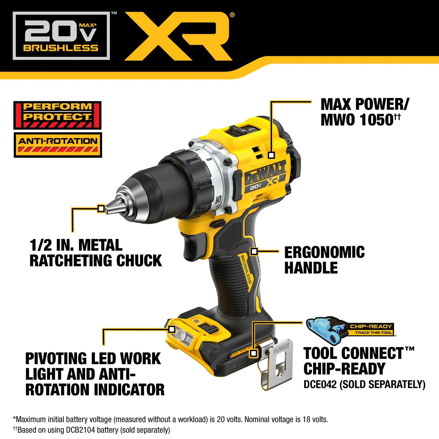 DEWALT 20V MAX XR brushless drill shown with highlighted features: 1/2 inch metal ratcheting chuck, ergonomic handle, max power/MWO 1050, pivoting LED work light and anti-rotation indicator, and Tool Connect chip-ready compatibility (DCE042 sold separately). Brand logos and performance protection indicator are also visible.