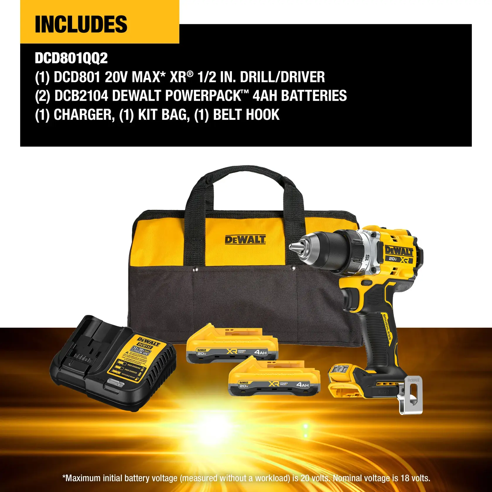 Carousel graphic of what the kit includes in the 20V MAX* XR® Brushless Cordless 1/2 in. Drill/Driver kit