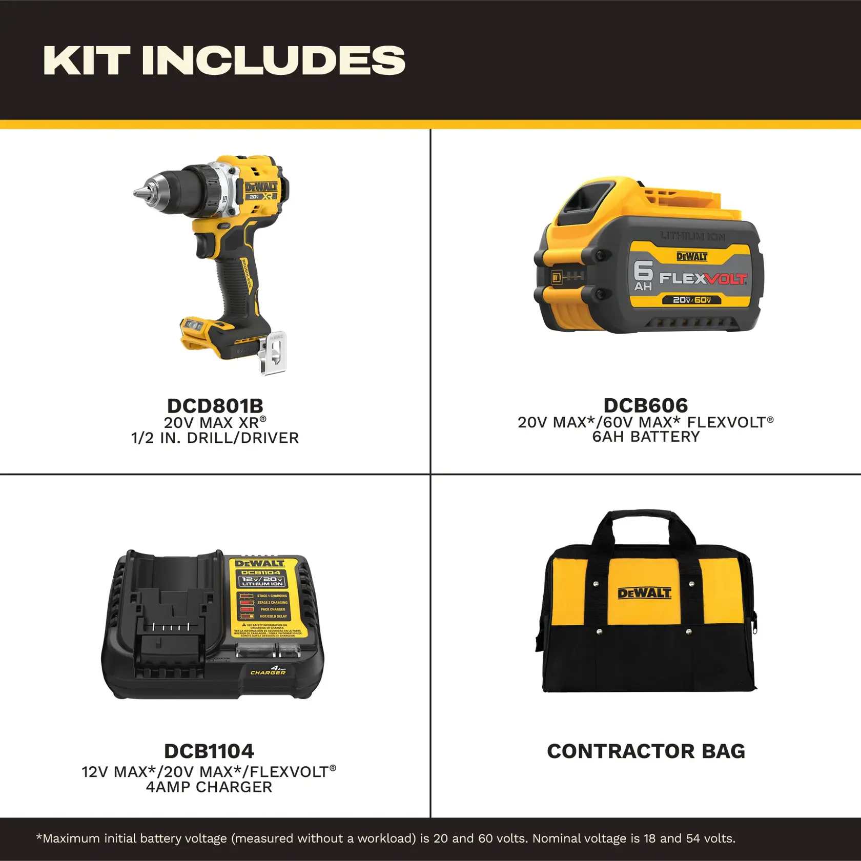 DEWALT kit includes four items: a 20V MAX XR 1/2 inch drill/driver (DCD801B), a 20V MAX/60V MAX FLEXVOLT 6AH battery (DCB606), a 12V MAX/20V MAX/FLEXVOLT 4AMP charger (DCB1104), and a contractor bag. Each item is shown with its label and description.