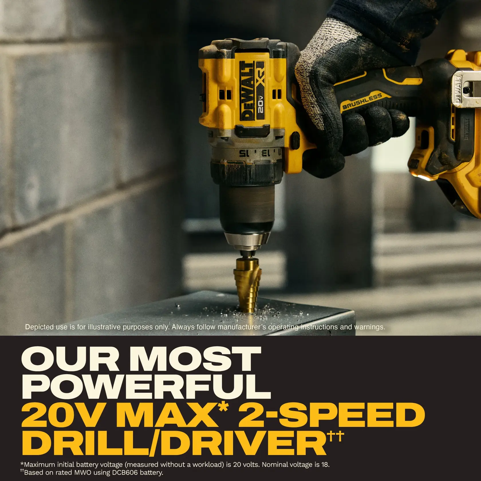 A gloved hand operates a DEWALT 20V MAX XR brushless 2-speed drill/driver to drill through a metal surface. The image emphasizes the tool’s power and features, with large text below promoting it as the most powerful 20V MAX 2-speed drill/driver.