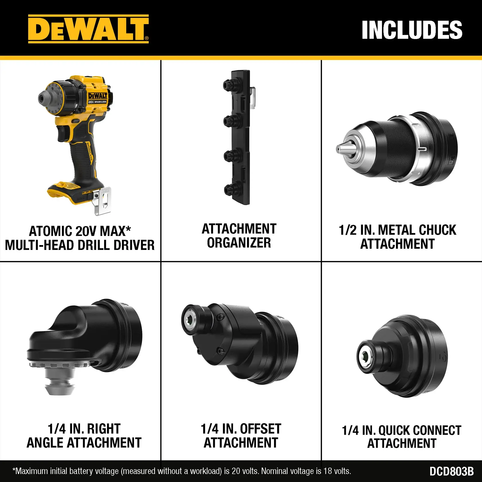 Carousel graphic of the attachments included for the ATOMIC™ 20V MAX* Brushless Cordless Multi-Head Drill/Driver (Tool Only)