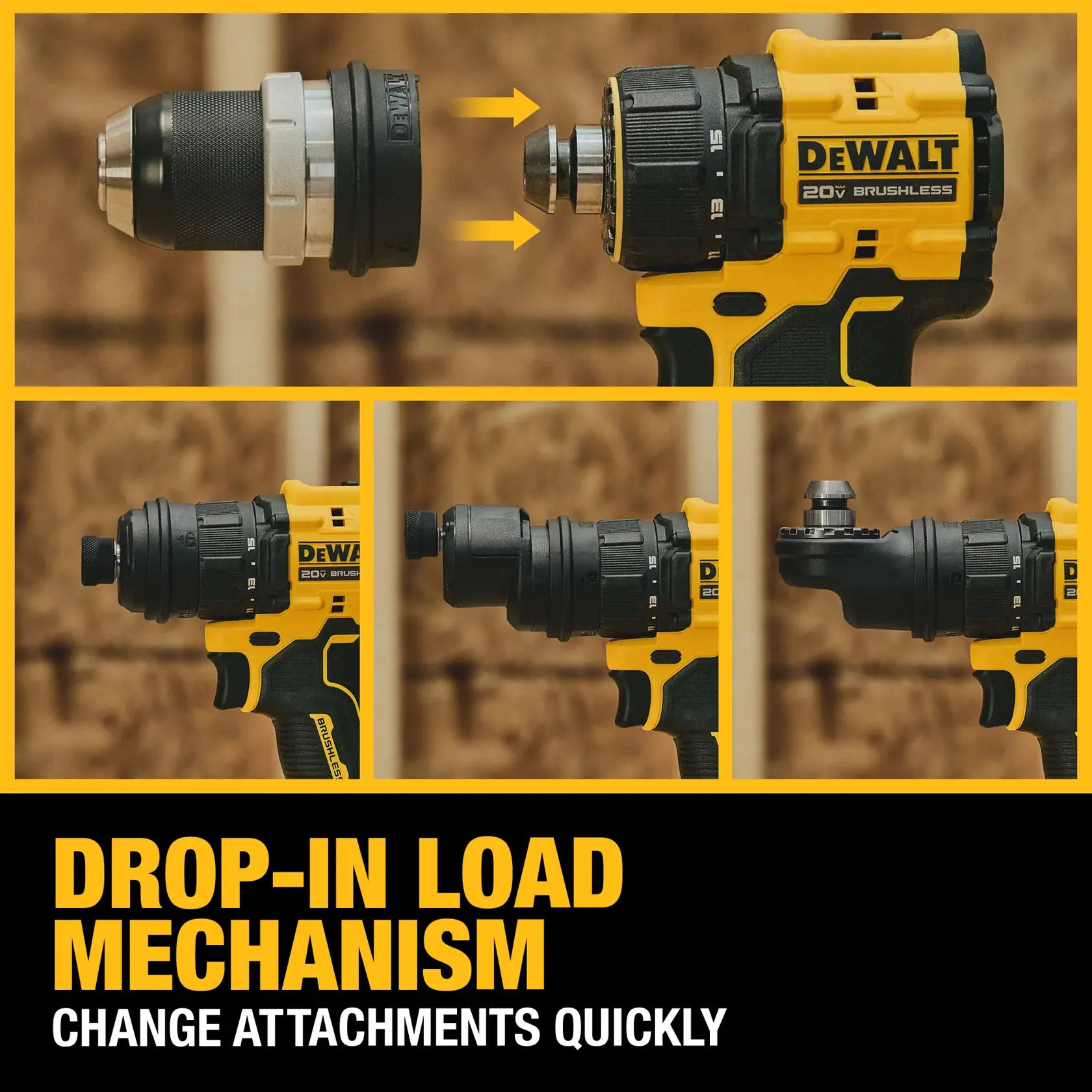 Carousel graphic of the Drop-in Load Mechanism on the ATOMIC™ 20V MAX* Brushless Cordless Multi-Head Drill/Driver (Tool Only)