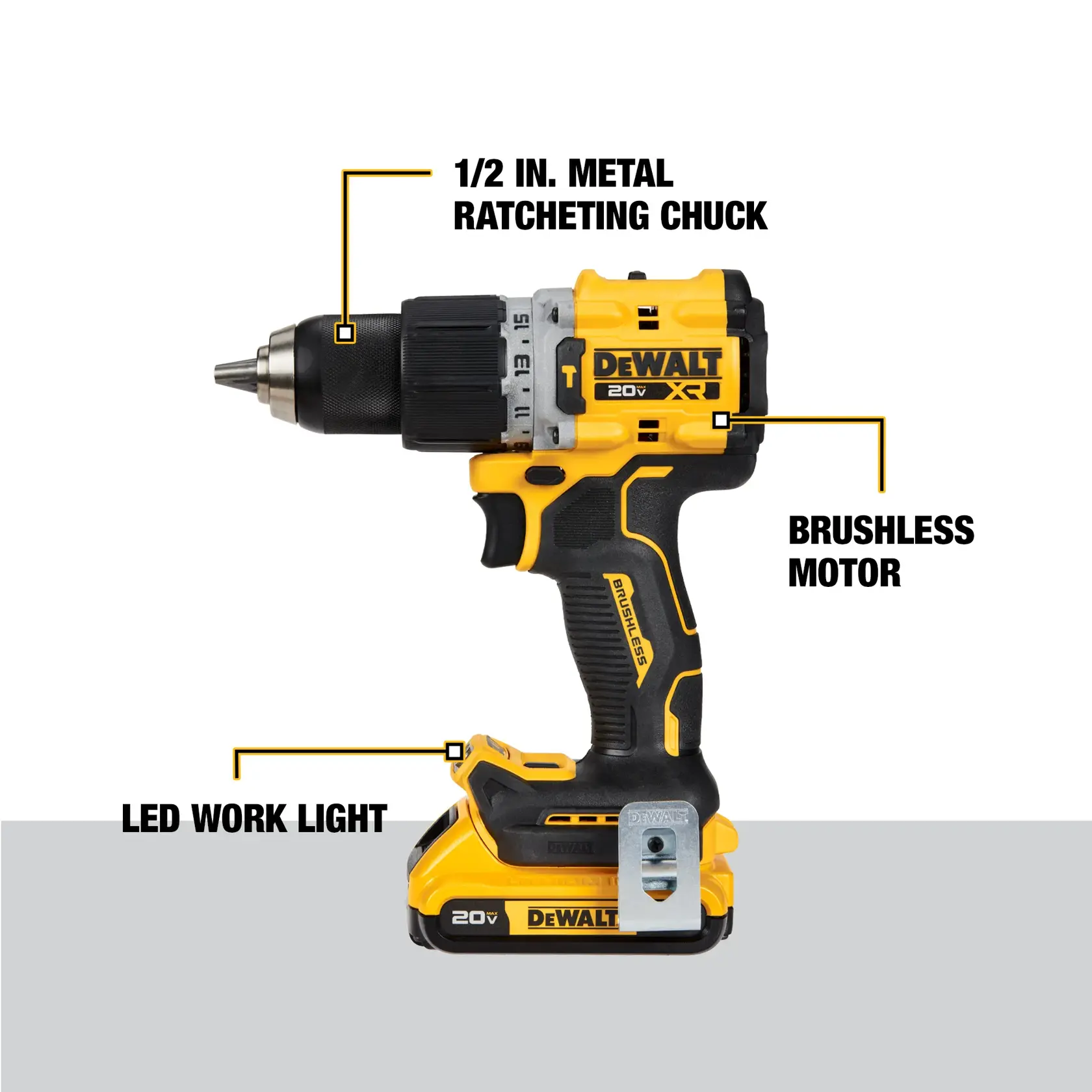 20V MAX XR 1/2 in. Brushless Hammer Drill/Driver showing ergonomic design ideal for confined work areas 