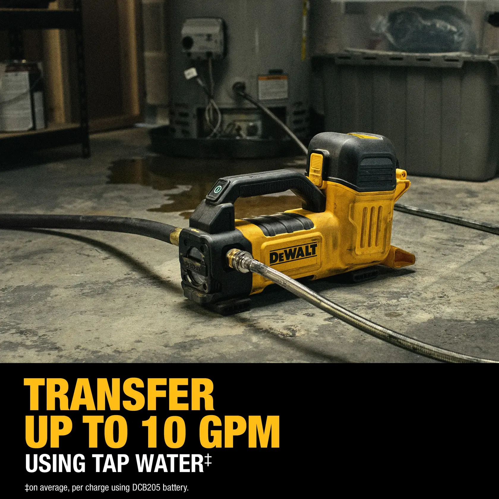 20V MAX* Transfer Pump carousel graphic showing you can transfer up to 10 GPM using tap water.‡