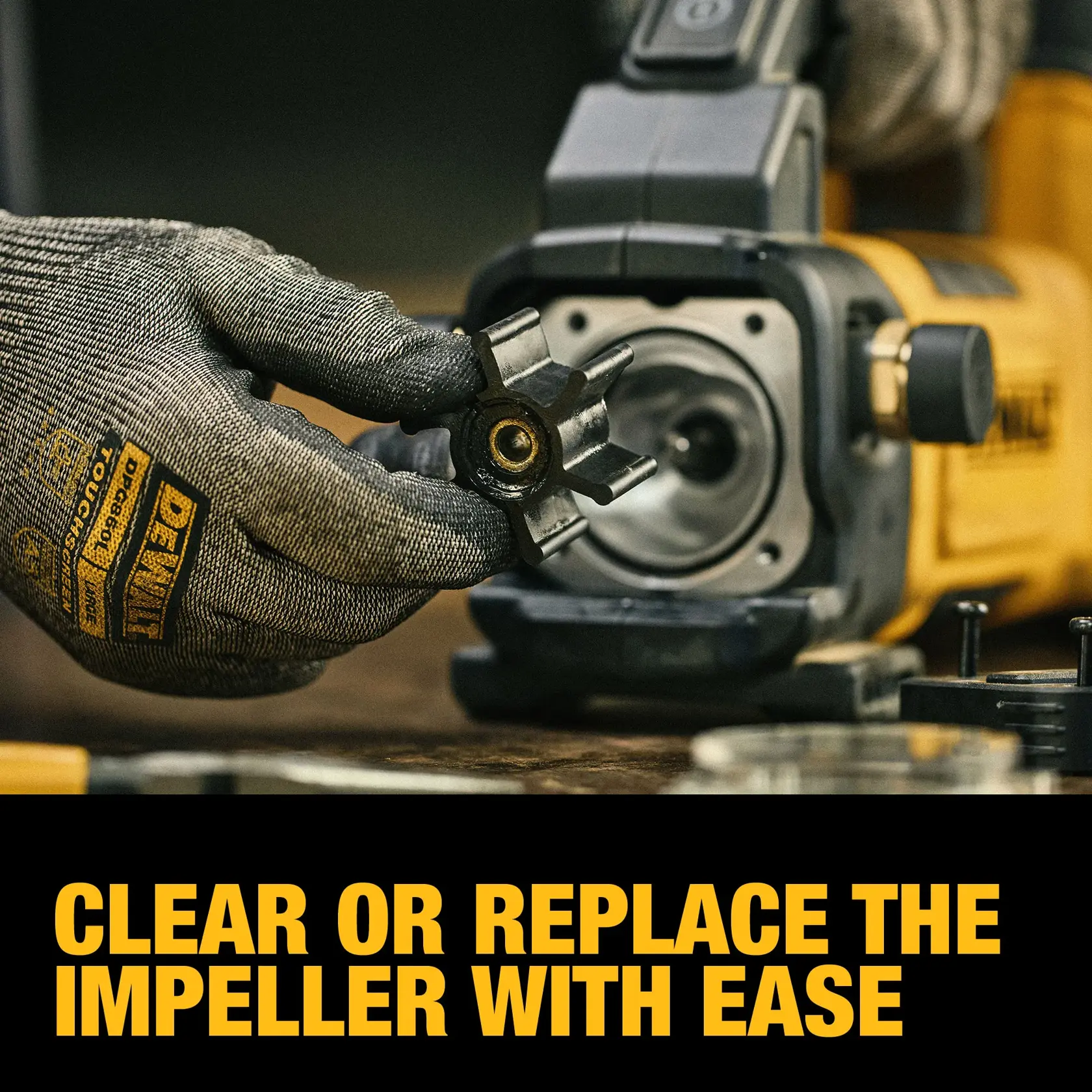 20V MAX* Transfer Pump carousel graphic showing you can clear or replace the impeller with ease.