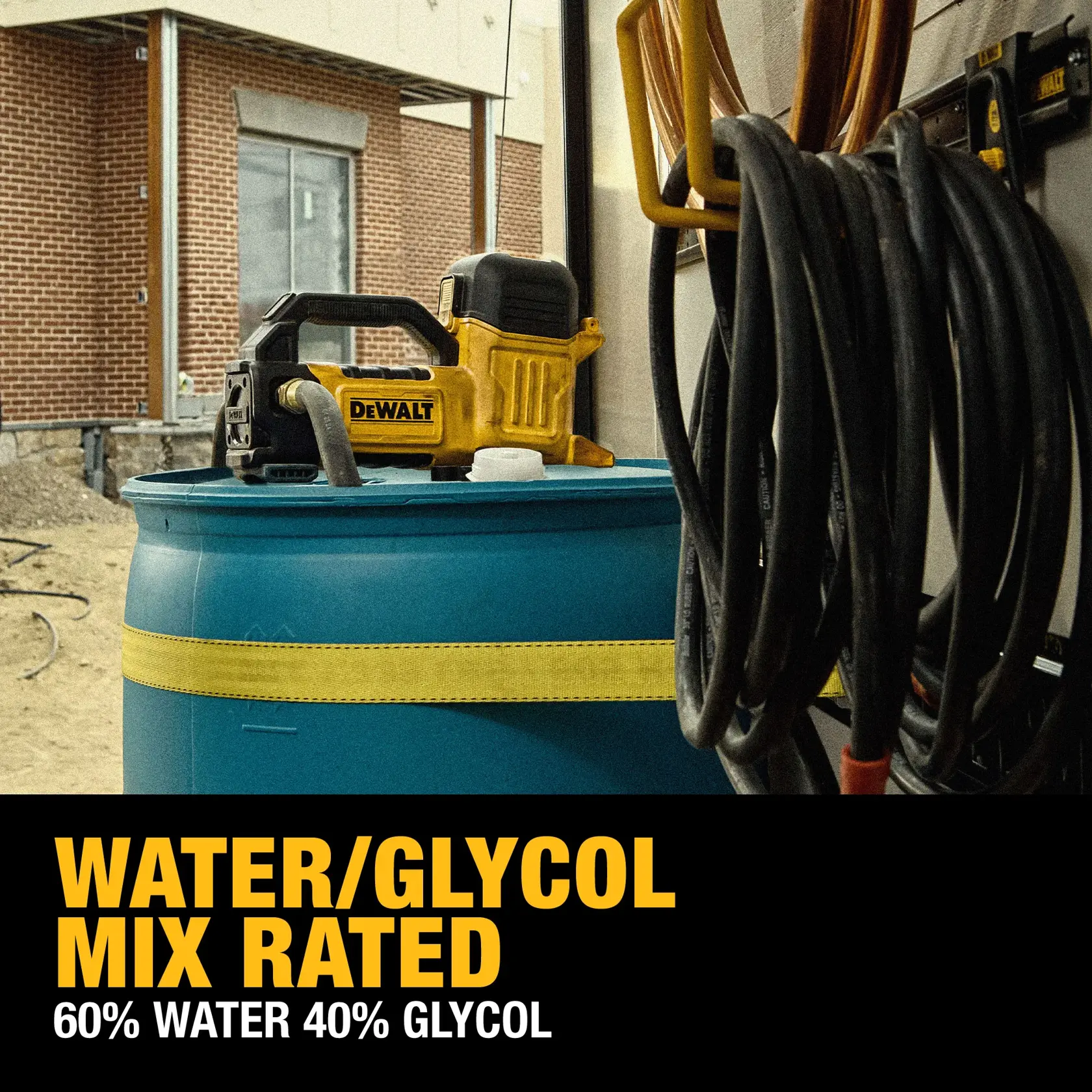 20V MAX* Transfer Pump carousel graphic showing you can transfer water/glycol mix rated 60% water 40% glycol.