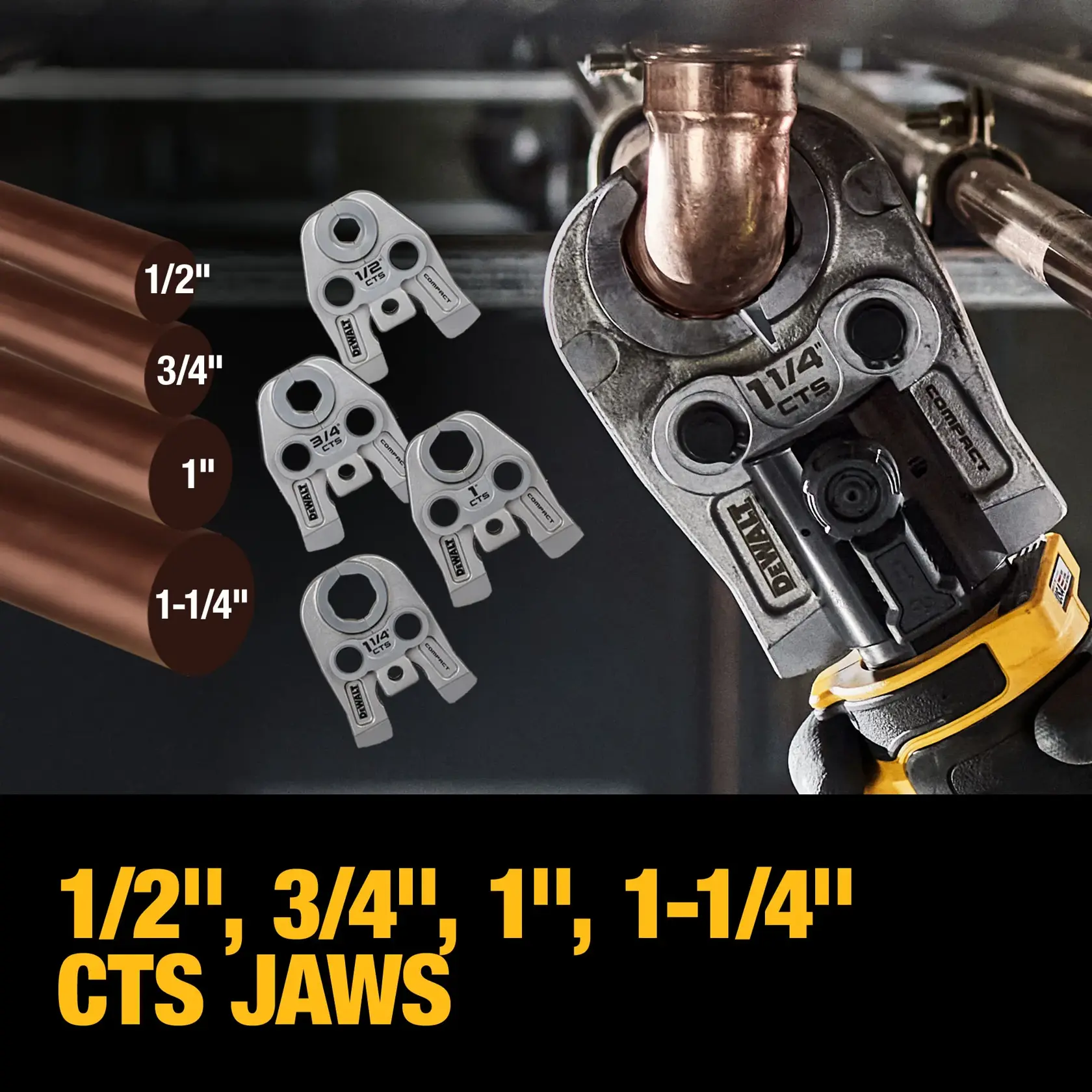 Carousel graphic of DEWALT Compact Press Tool Kit with CTS Jaws to highlight provided jaw sizes. 