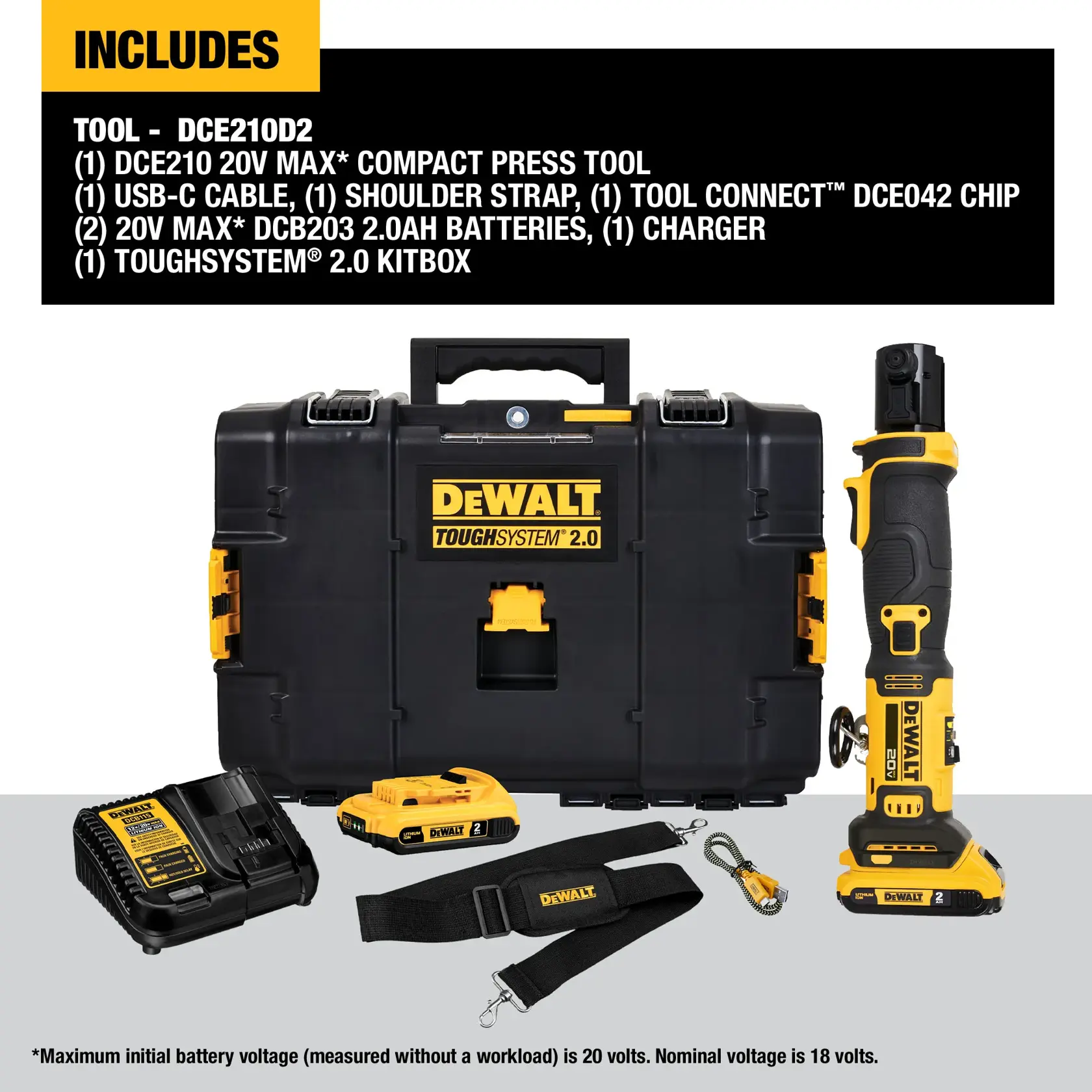 Image of DEWALT Compact Press Tool Kit with white background detailing what the kit includes. 