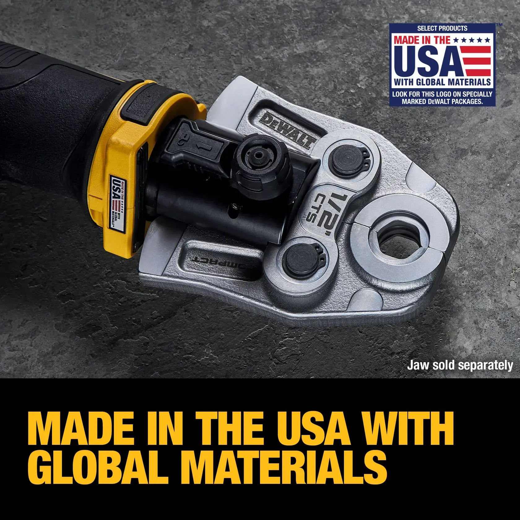 Carousel graphic of DEWALT Compact Press Tool Kit to highlight that the tool is made in america with global materials.