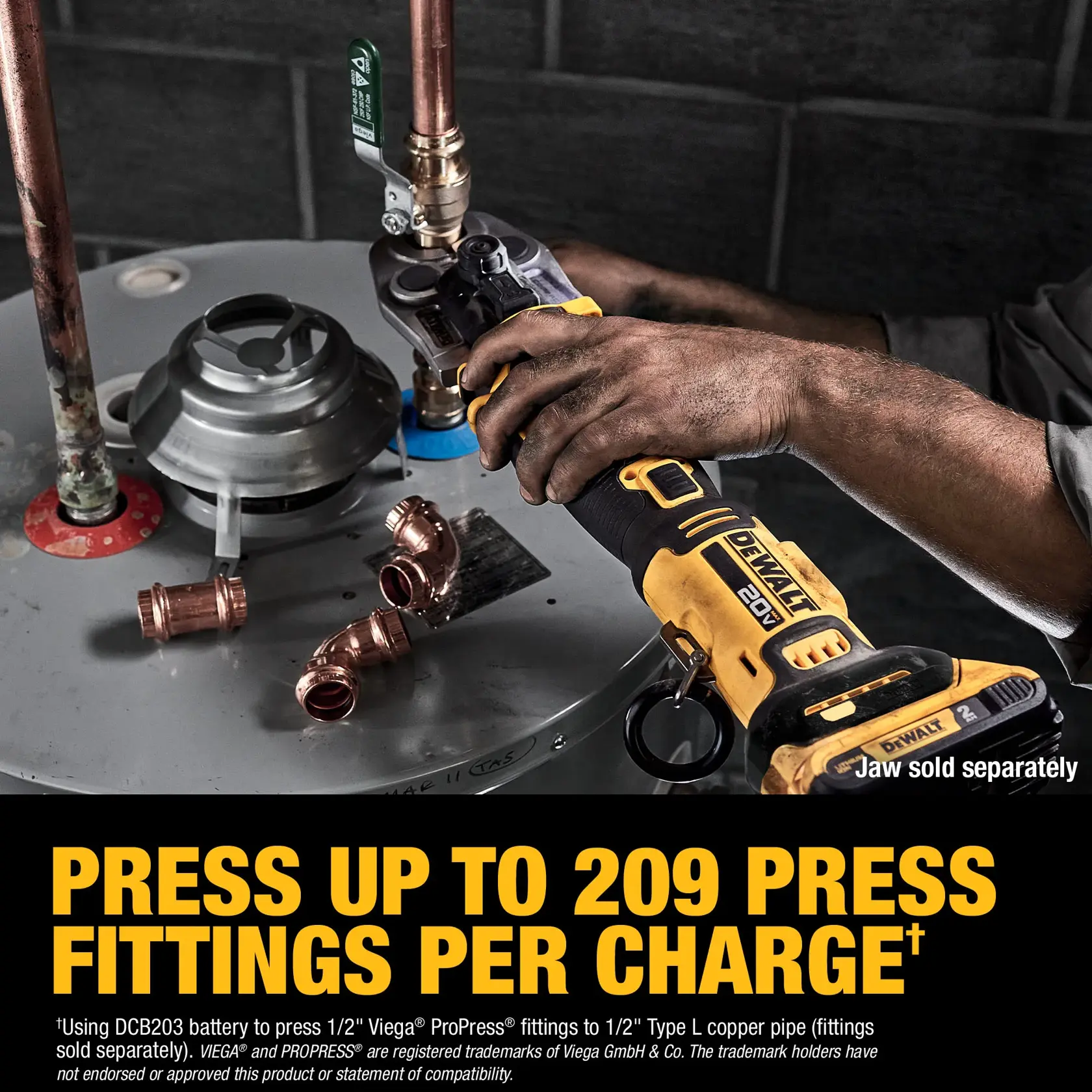 Carousel graphic of DEWALT Compact Press Tool Kit to highlight the number of press fittings that can be made per charge. 