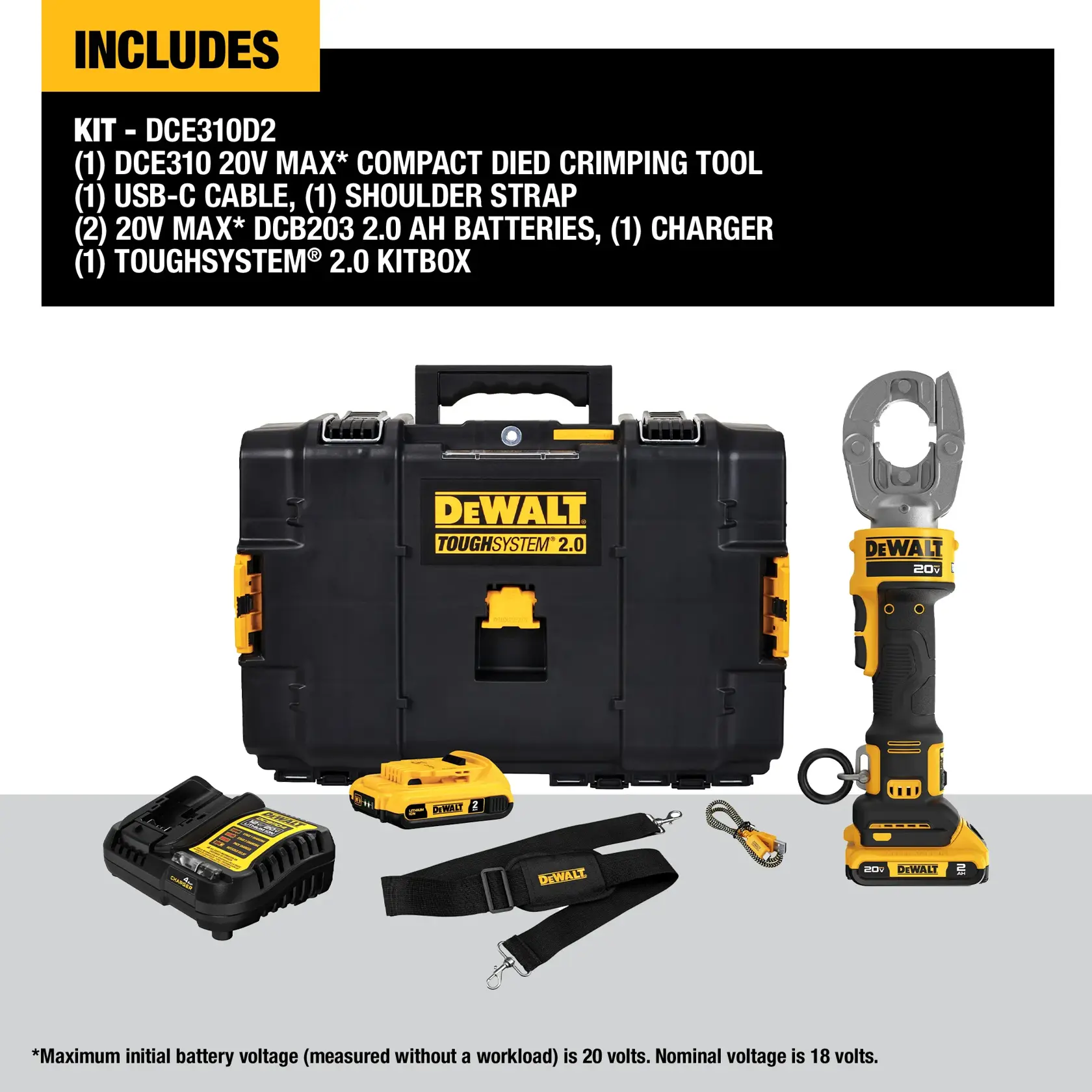 Carousel graphic of DEWALT Compact Died Crimping Tool and what is included in the kit.
