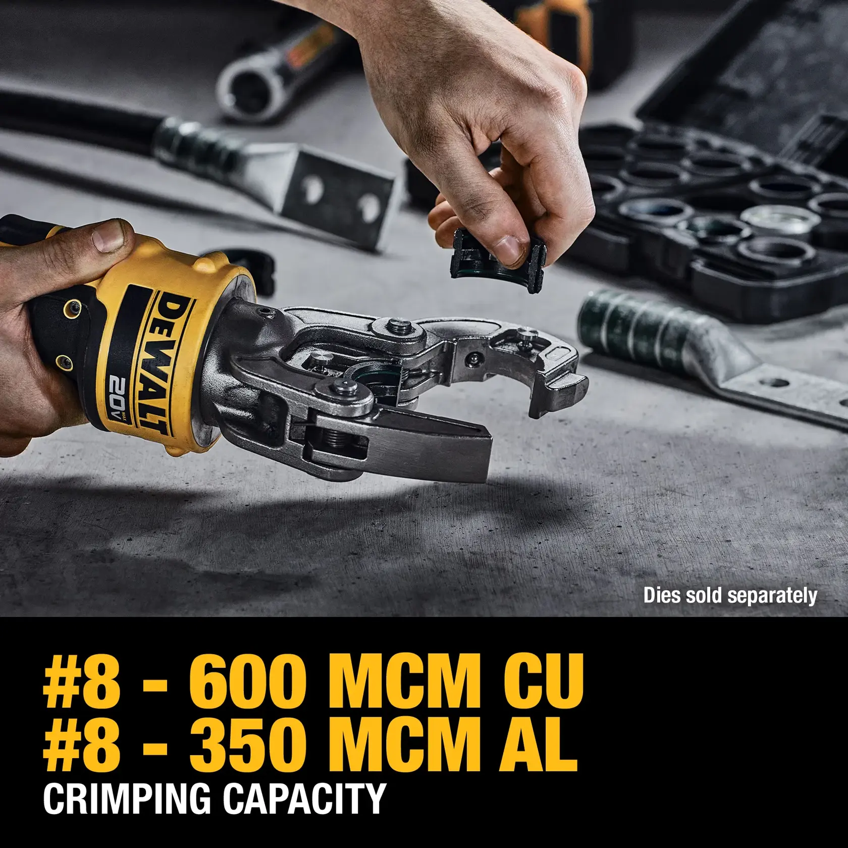 Carousel graphic of DEWALT Compact Died Crimping Tool to highlight crimping capacity.