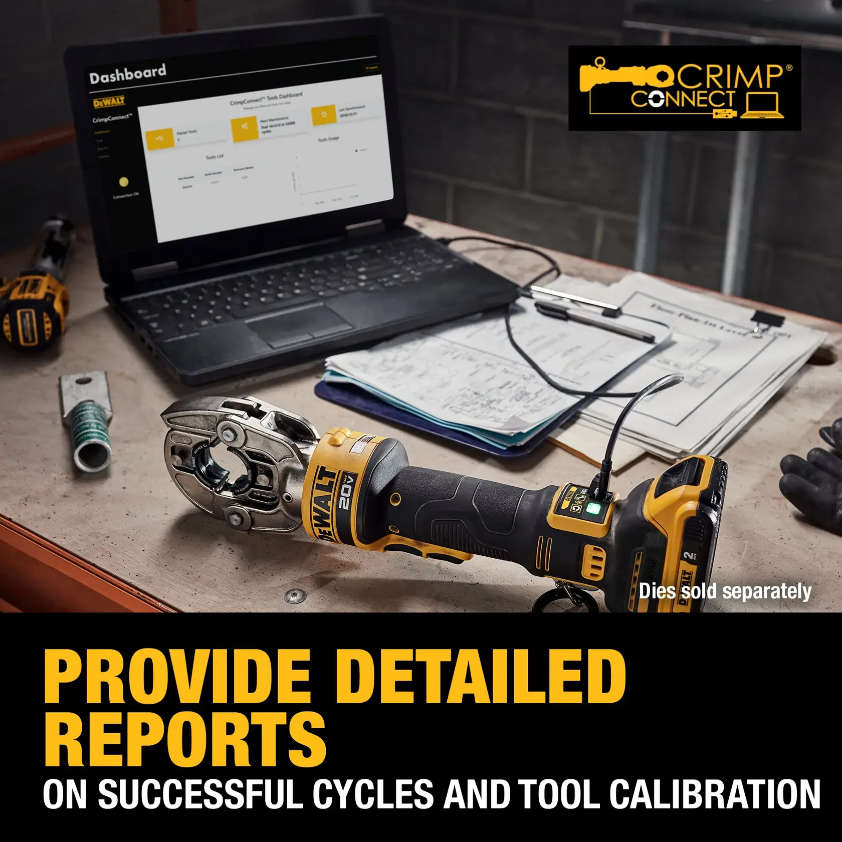 Carousel graphic of DEWALT Compact Died Crimping Tool to highlight CRIMP CONNECT® functionality.