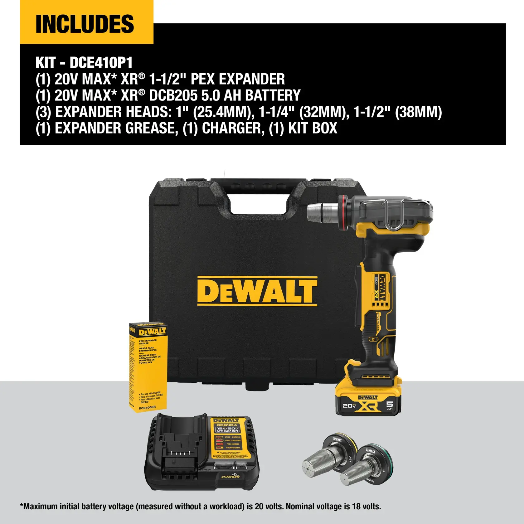 Carousel graphic of DEWALT 1-1/2“ Pex Expander Kit and what is included in the kit.